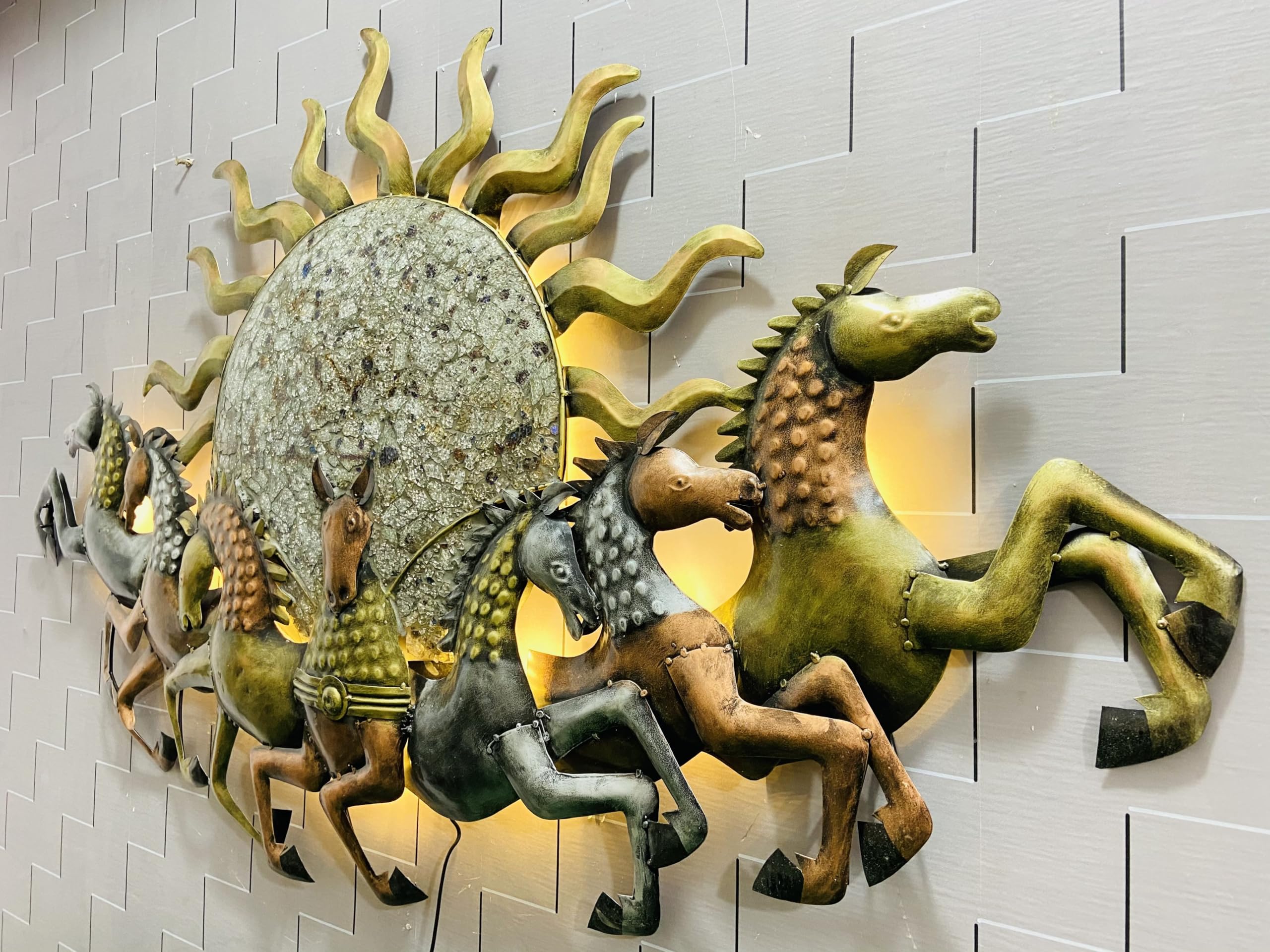 ToughCrafts 7 Running Horses with Sun - Metal Wall Decor, with LED light for Living Room, Drawing Room, and Office Decor