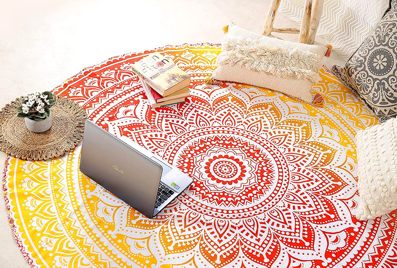 Raajsee Orange Round Beach Tapestry Hippie/Boho Beach Blanket Mandala Roundie/Indian Cotton Throw - Round Tablecloth/Home Decor/