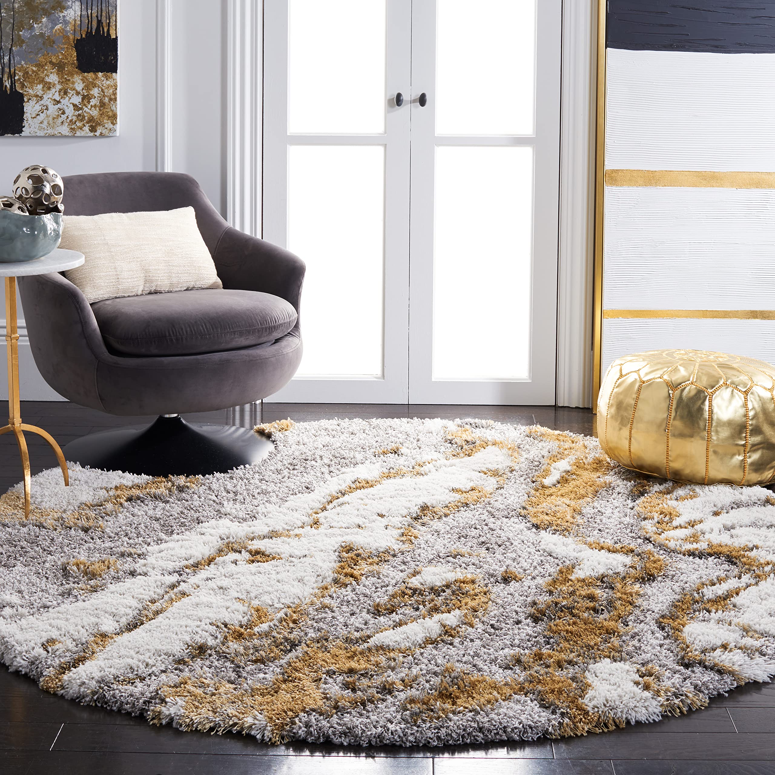 SAFAVIEH Horizon Shag Collection Area Rug - 3 Round, Grey & Gold, Modern Abstract Design, Non-Shedding & Easy Care, 2.6-inch Th