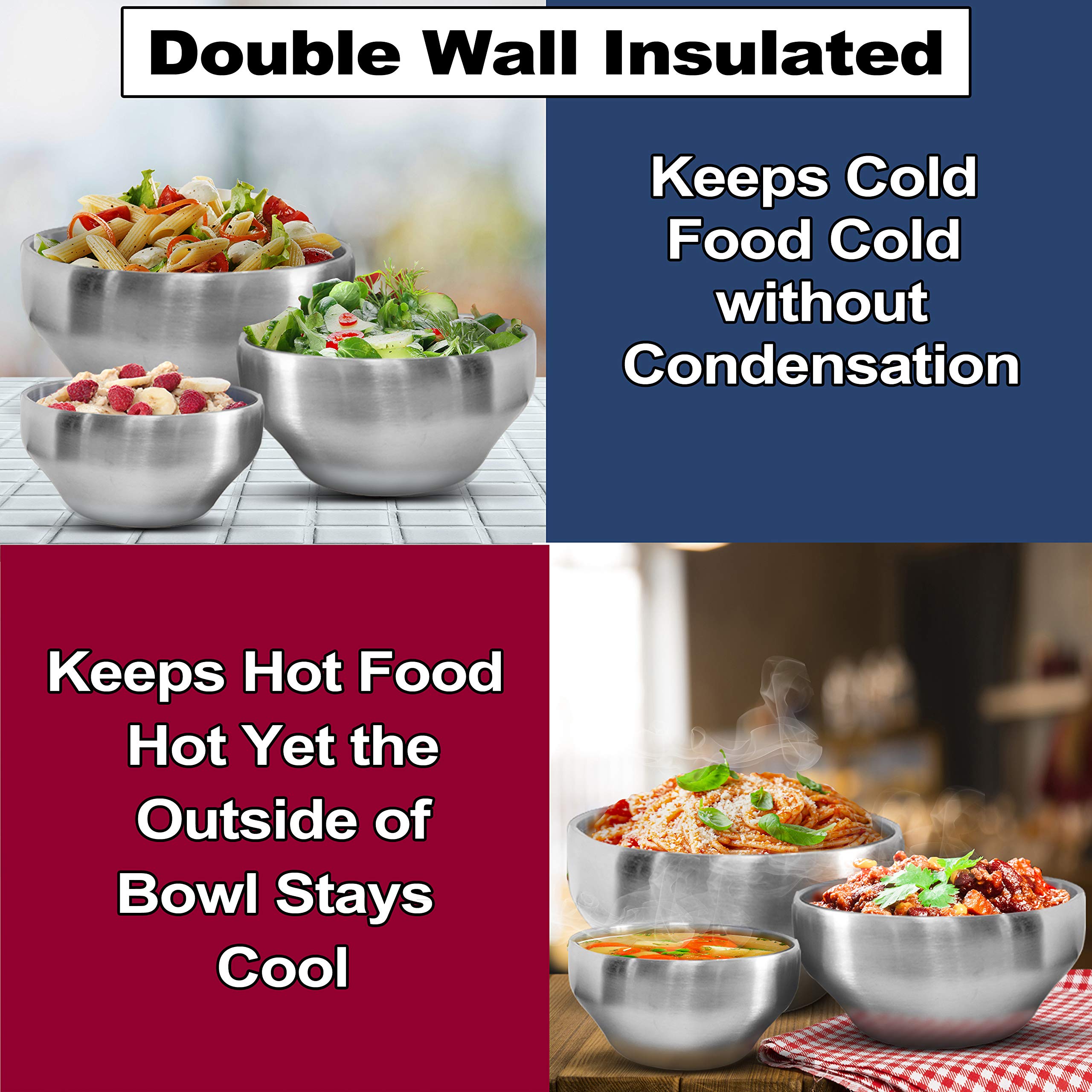 Heavy Duty Heat Insulated Brushed Stainless Steel Serving Bowls, Sus 304, Multipurpose, 4 Pack, Small (15 Oz)