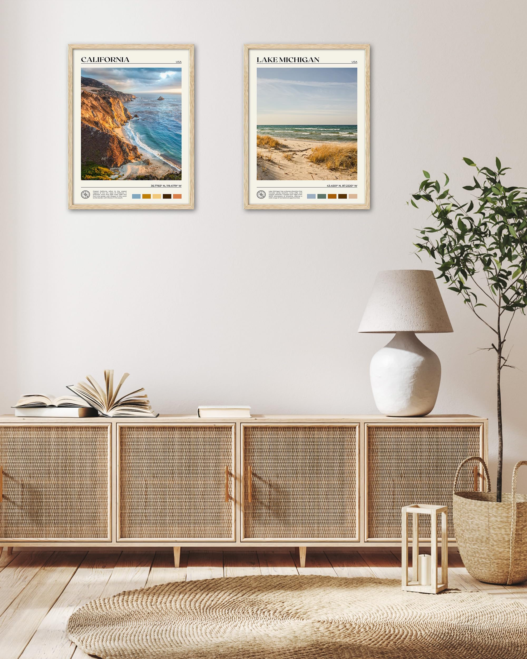 Hesendot Natural Oak Wood Coastal California Refers Framed Wall Art,12X16In Natural Seascape Canvas Wall Print,Classic Urban Lan