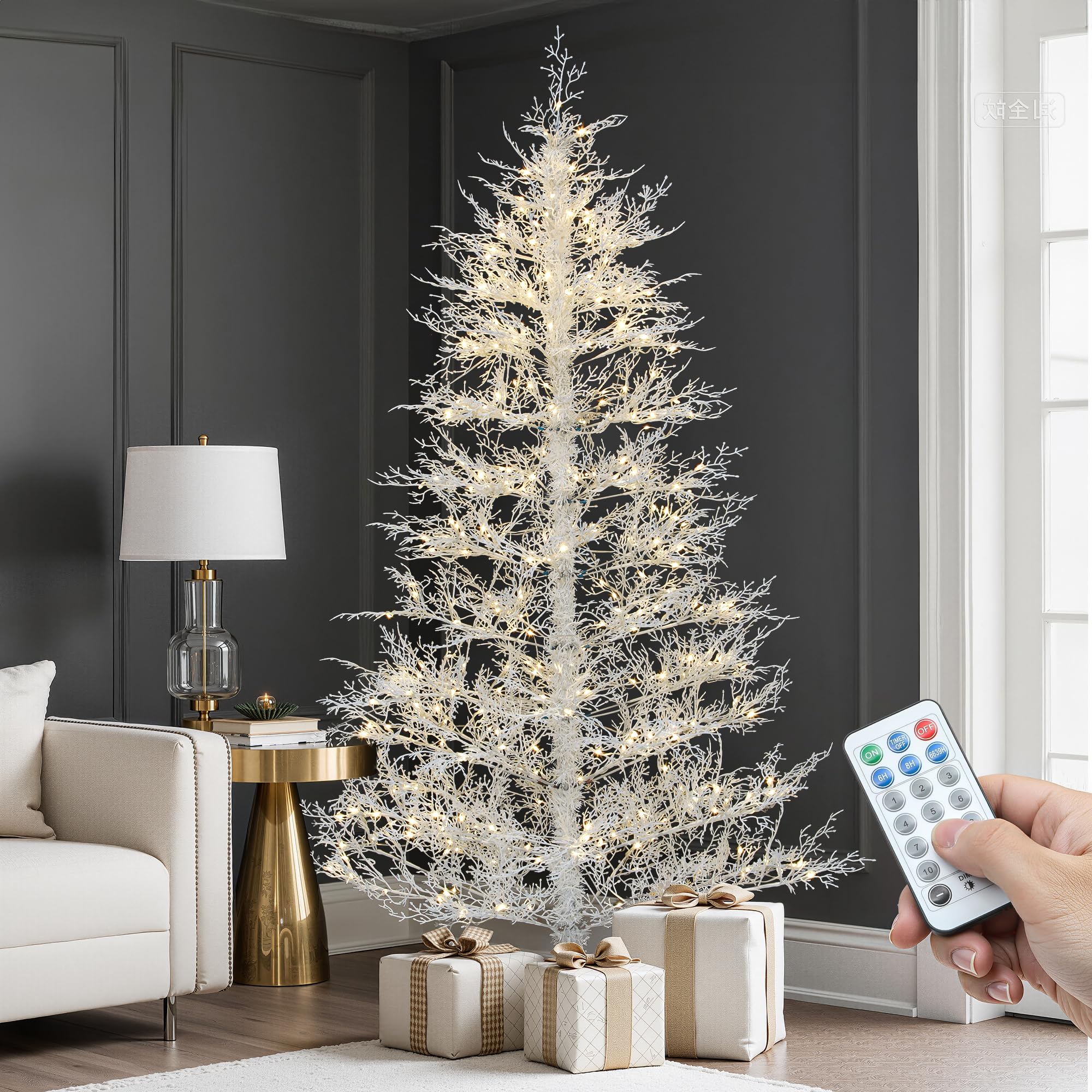 YITAHOME 7.5FT Prelit Christmas Tree Birch Tree with Remote, Artificial Hinged White Christmas Tree w/ 400 Warmwhite & Multicolo
