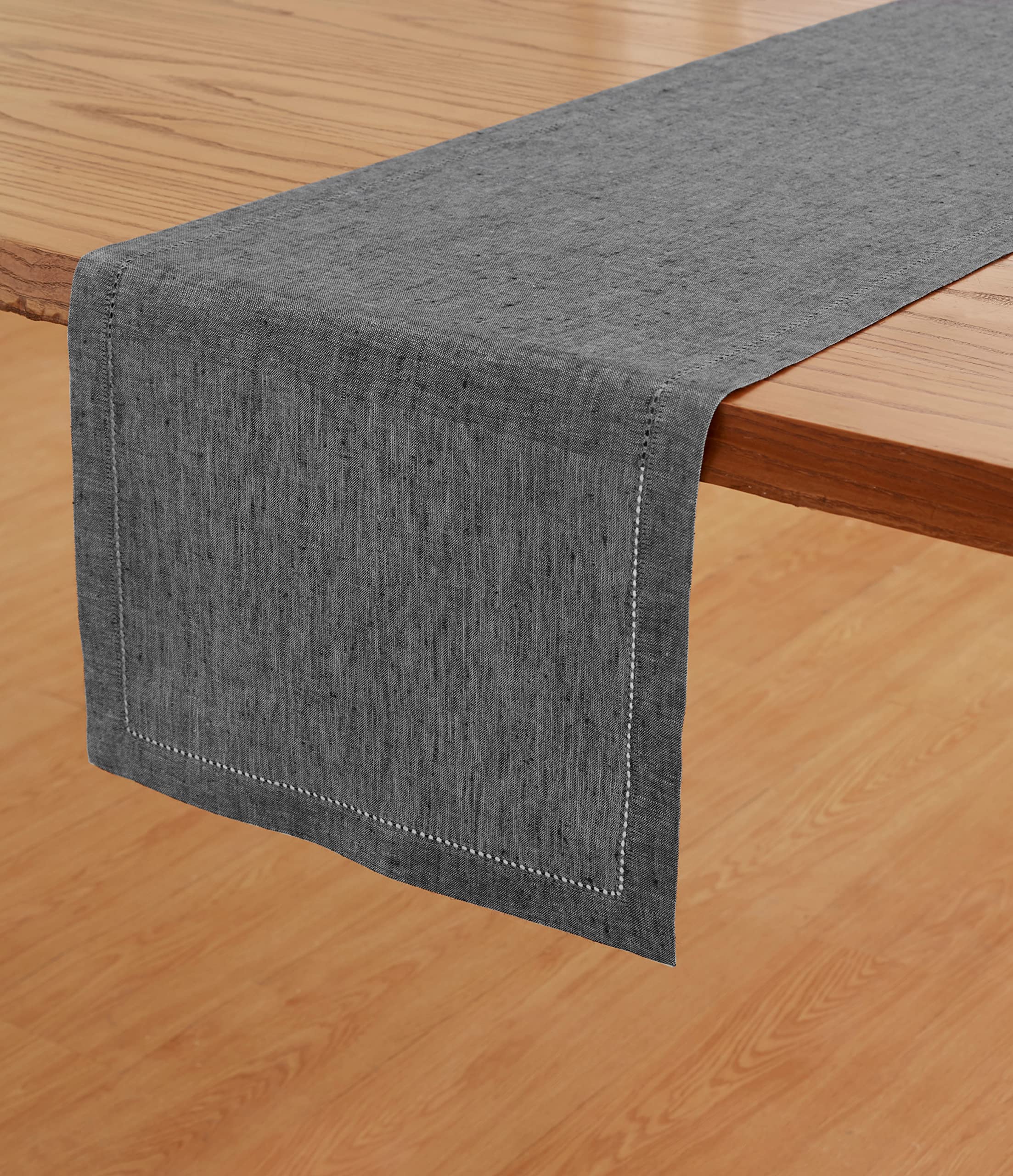 Solino Home Hemstitch Linen Table Runner Charcoal Grey - 100% Pure Linen 14 x 108 Inch Long Table Runner for Spring  Summer -