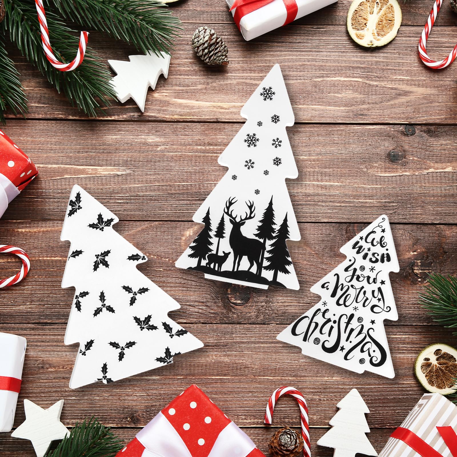 Sereliy 3 Pieces Christmas Tree Wooden Signs Black White Xmas Tiered Tray Decor for Christmas Home Tabletop Party Decor (Elk)