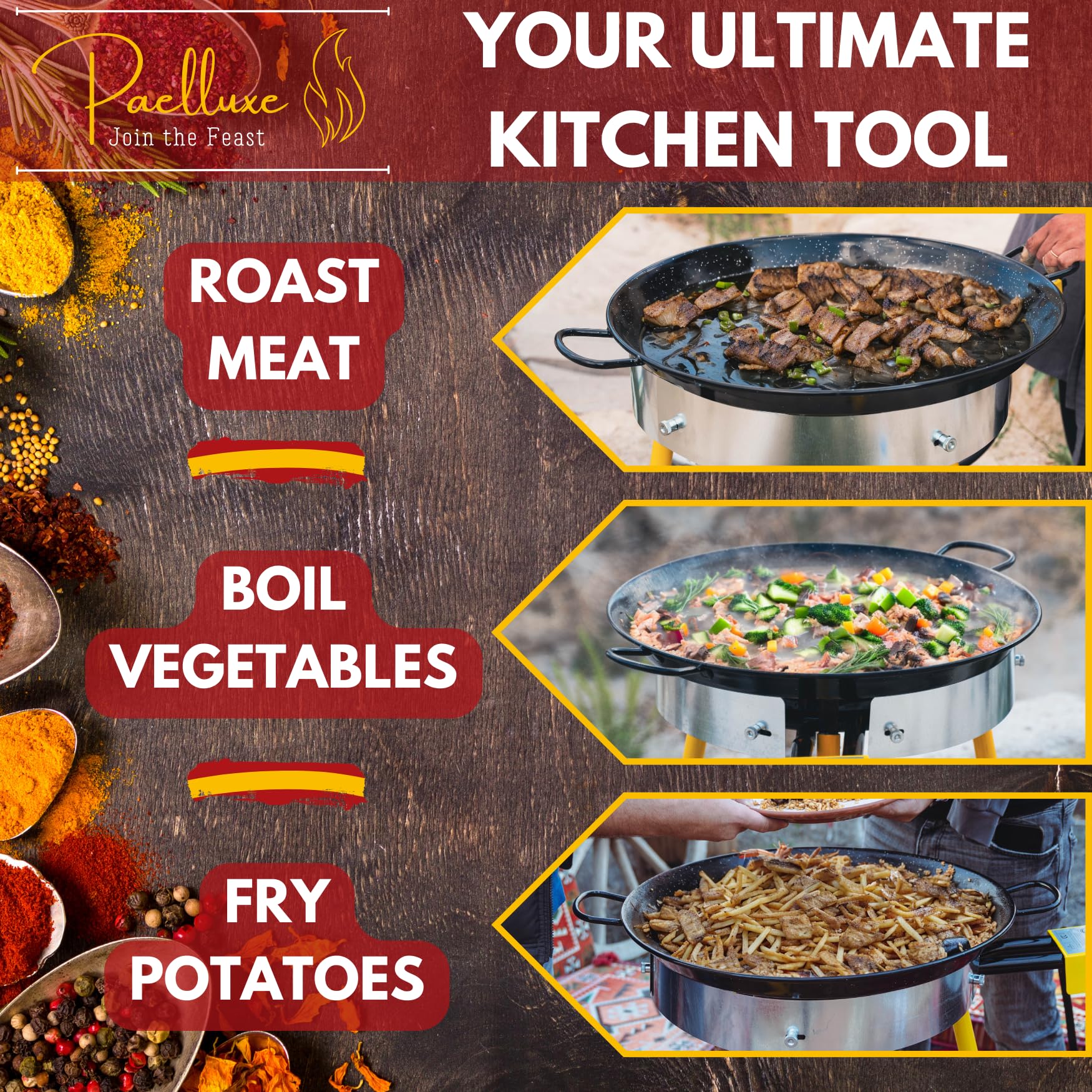 Paelluxe 22 Inch Paella Pan 16 Servings - Enamelled No Rust Easy To Clean Steel Pan Propane - Gas Burners For Cooking - Indoor &