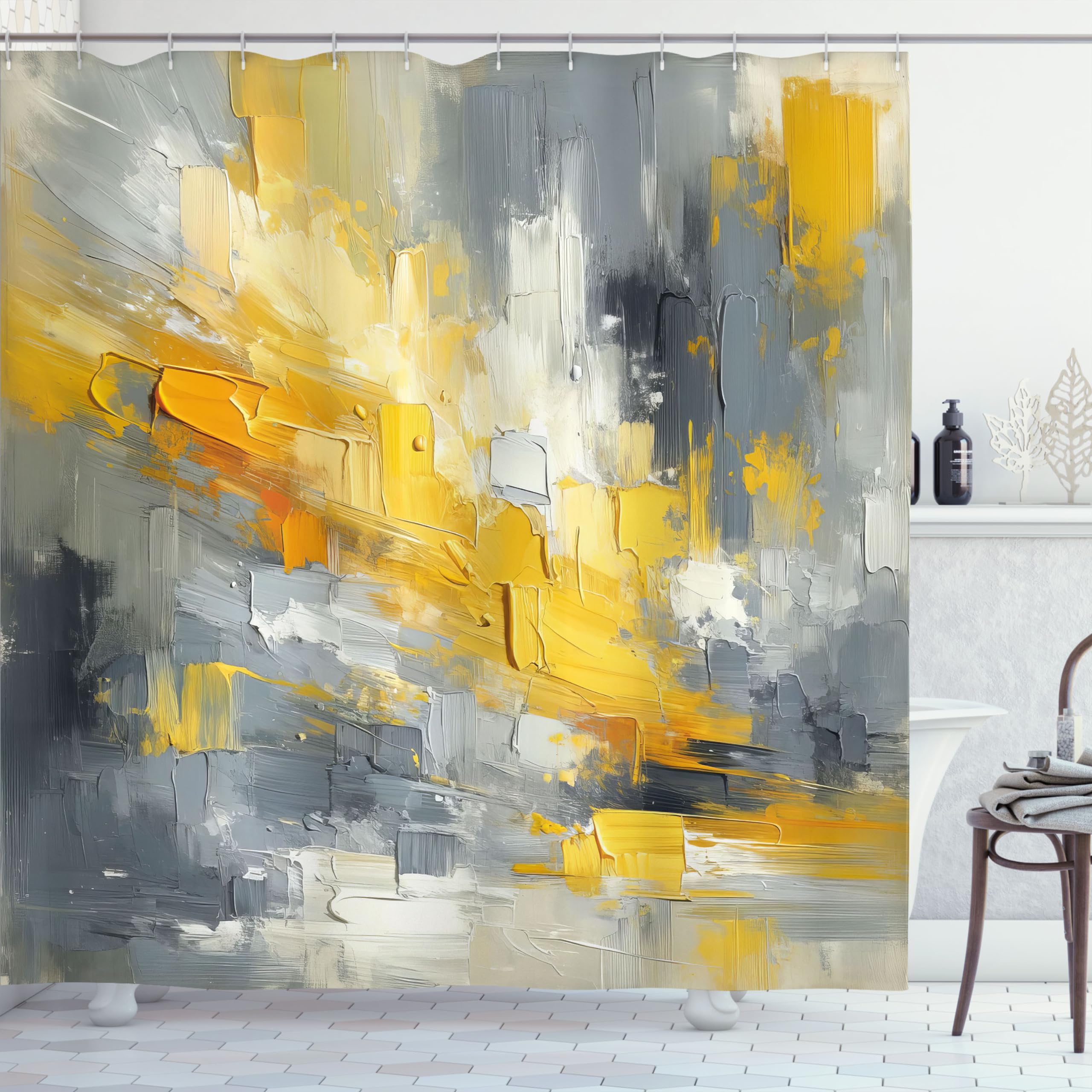 Ambesonne Yellow Shower Curtain, Modern Abstract Composition Of Contemporary Brush Stroke Print Surreal, Cloth Fabric Bathroom D