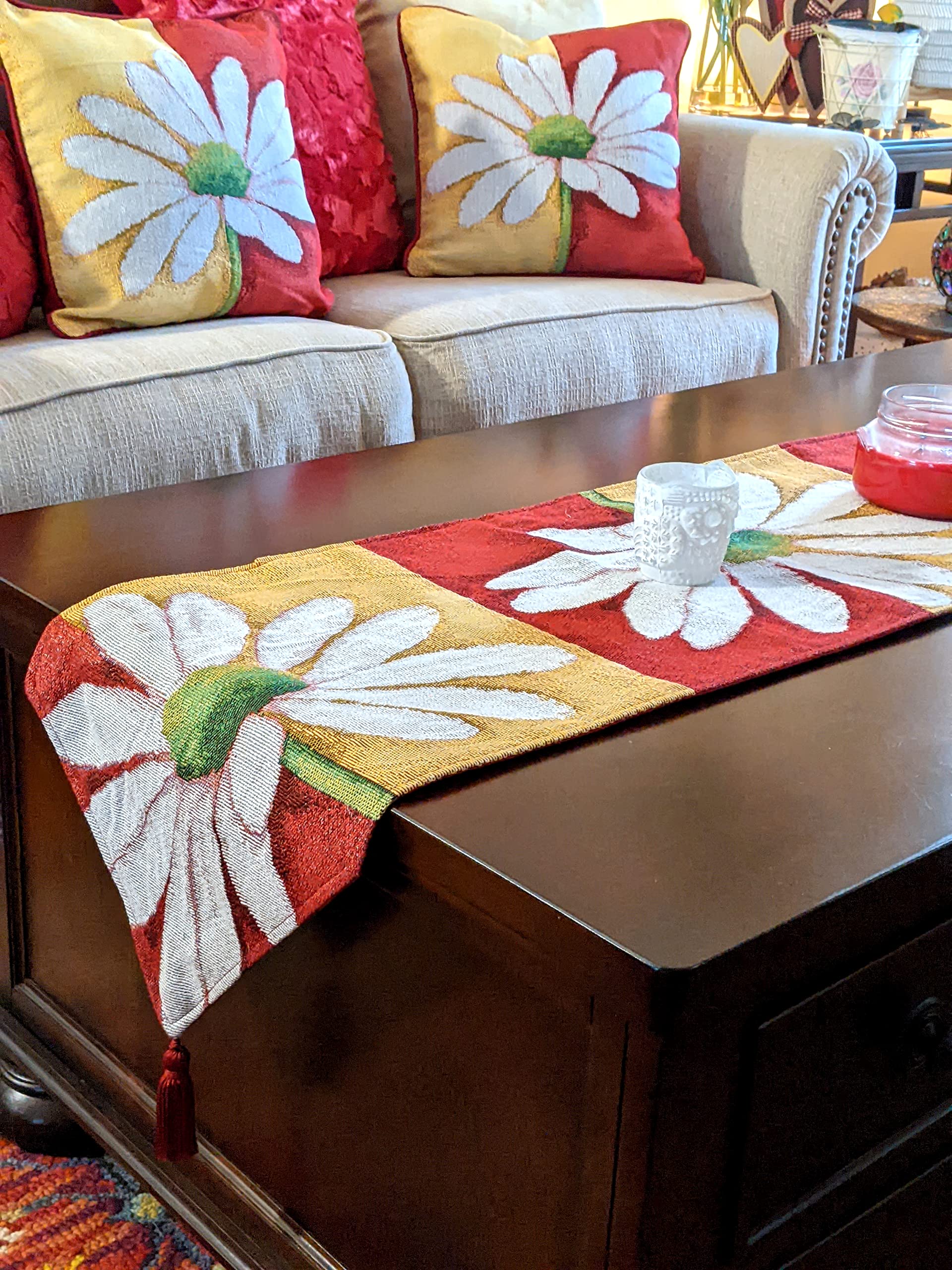 Tache Home Fashion Db9046Tr-13X48 Colorful Red & Yellow Daisy Flower Loves Me Not Tapestry Table Runner 48 Inch