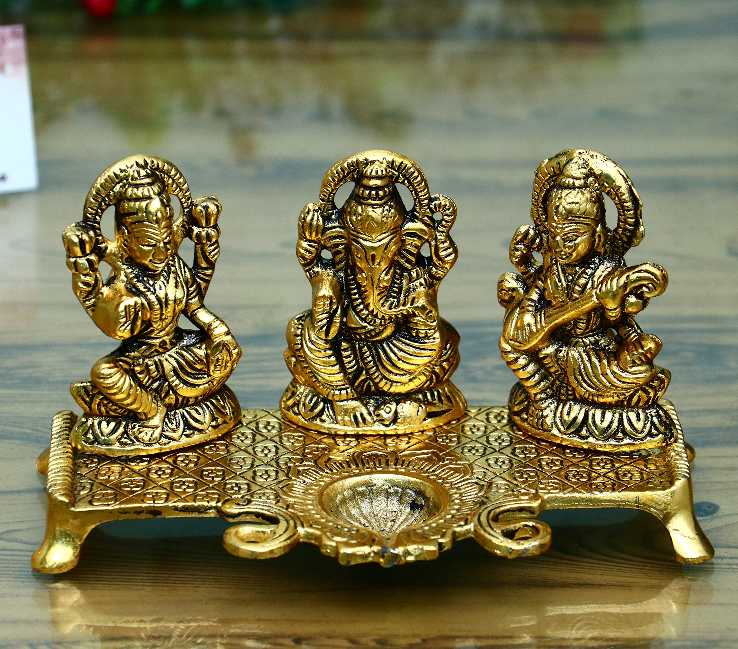 Chhariya Crafts Laxmi Ganesh Saraswati With Diya Decorative Showpiece - 19 Cm (Metal, Gold)
