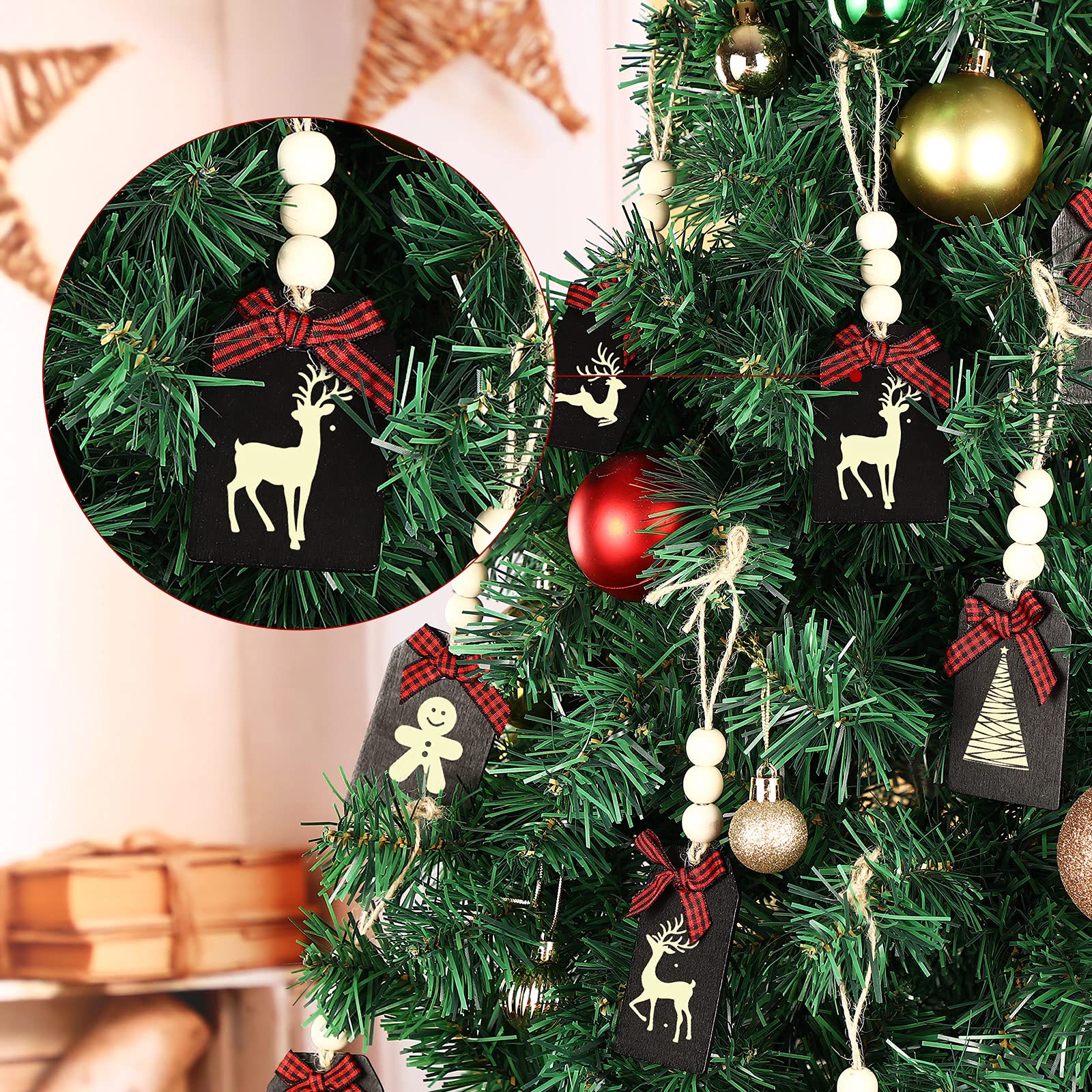 24 Pieces Christmas Wood Stocking Name Tags Buffalo Plaid Row Stocking Tags With Rope And Wooden Beads Mini Hanging Chalkboard T