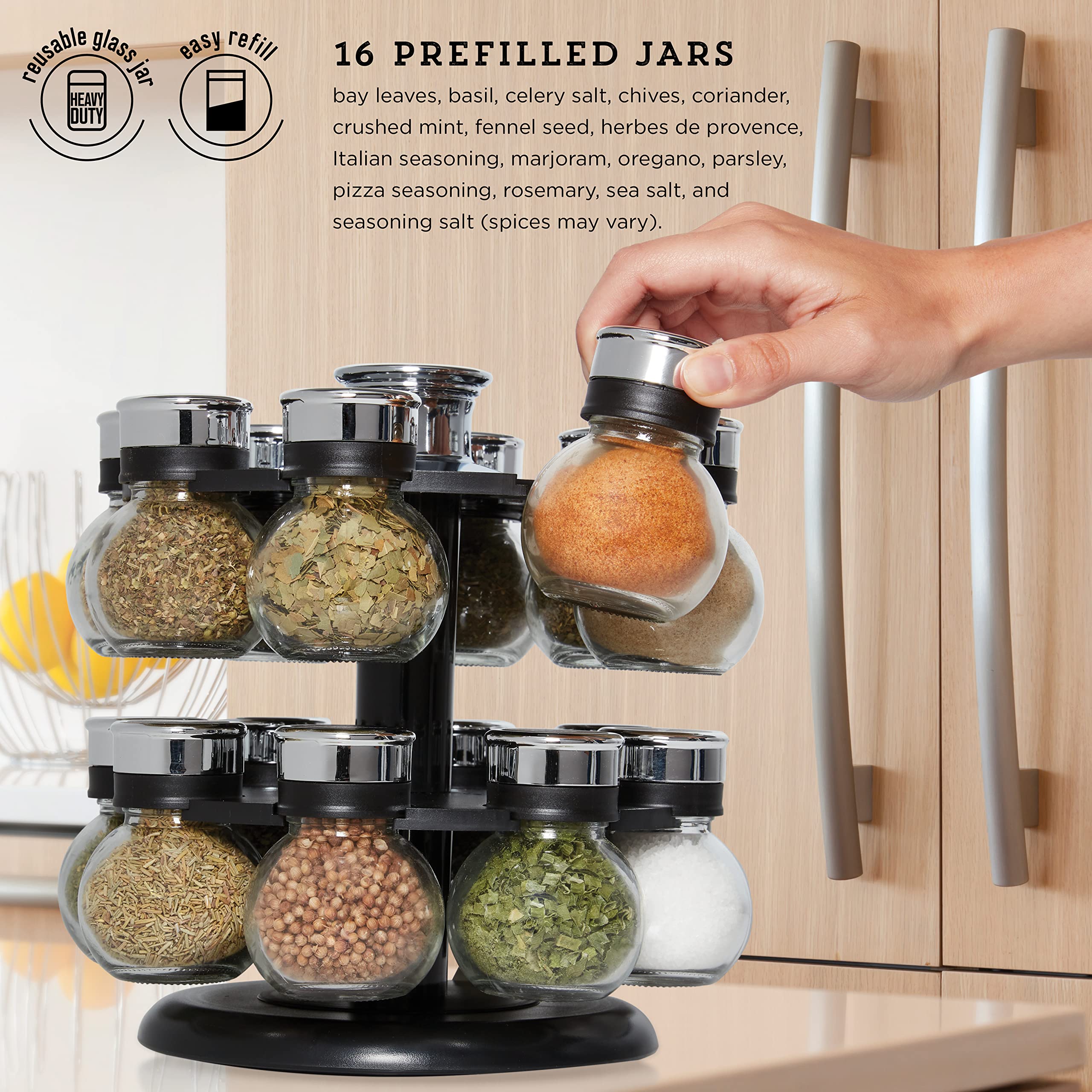 Kamenstein 16 Jar Ellington Revolving Countertop Spice Rack With Lift & Pour Caps And Spices Included, Free Spice Refills For 5