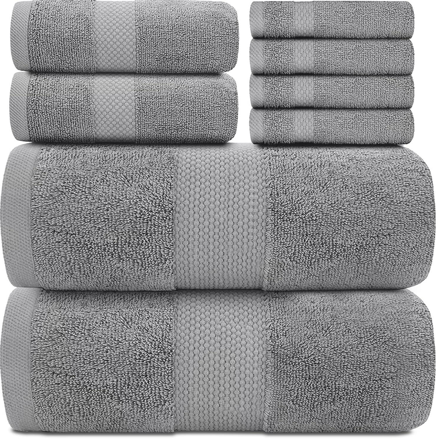 White Classic Luxury Light Grey Bath Towel Set - Combed Cotton Hotel Quality Absorbent 8 Piece Towels | 2 Bath Towels | 2 Hand T