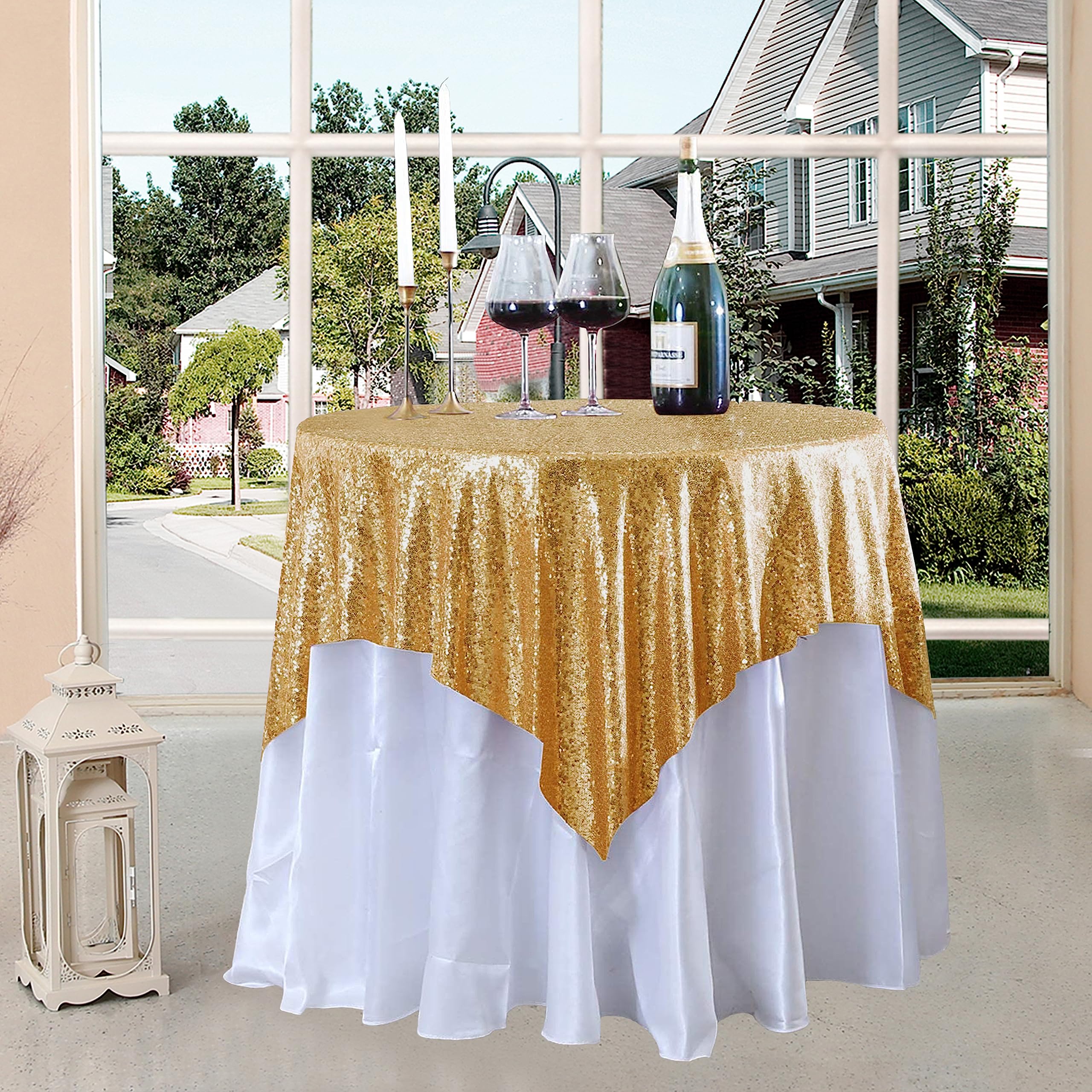 Fyledaee Gold Round Sequin Table Cloths For Parties, 50X50 Inch Glitter Overlay Table Cover Fitted Square Rectangle Small Tables