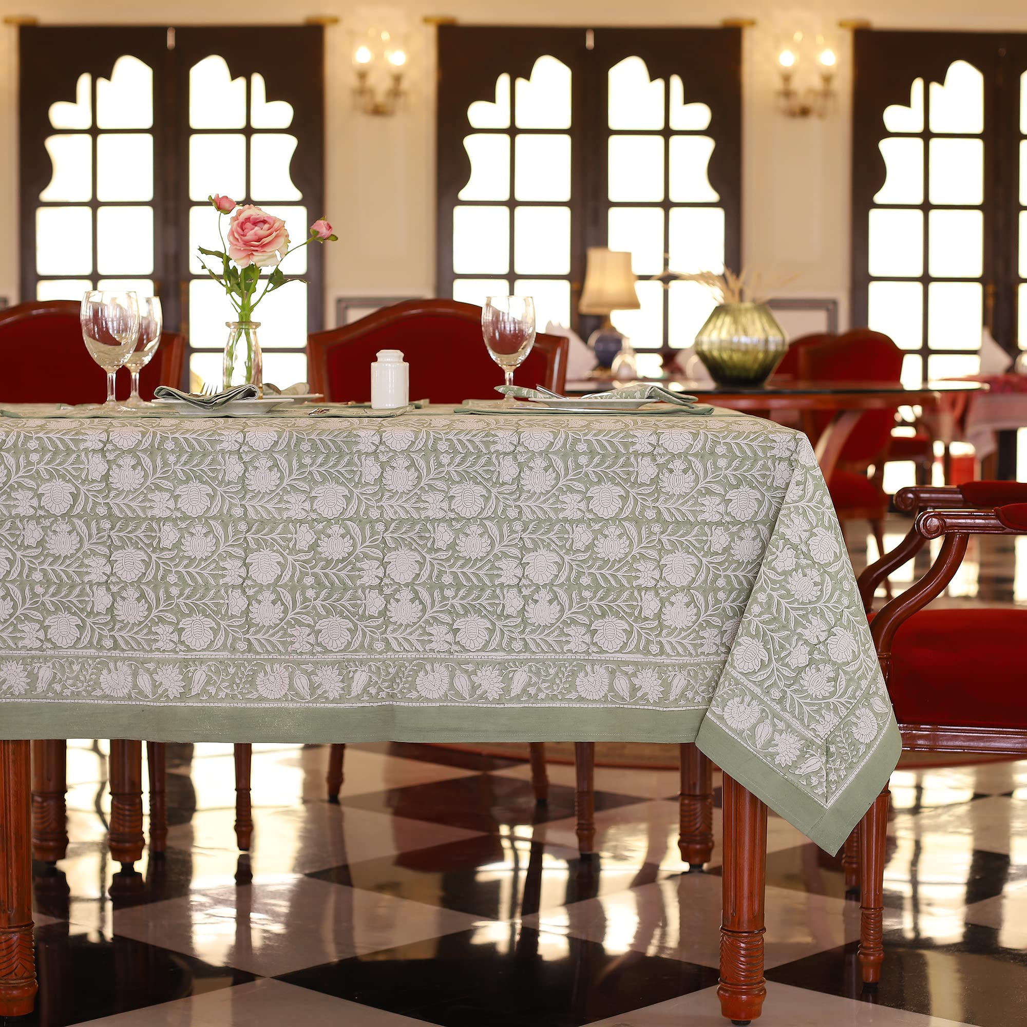 Sage Green Block Print Tablecloth, Table Scape Holiday Decoration, Boho Holiday Farmhouse Tablecloth , Anokhi Tablecloth, Rectan