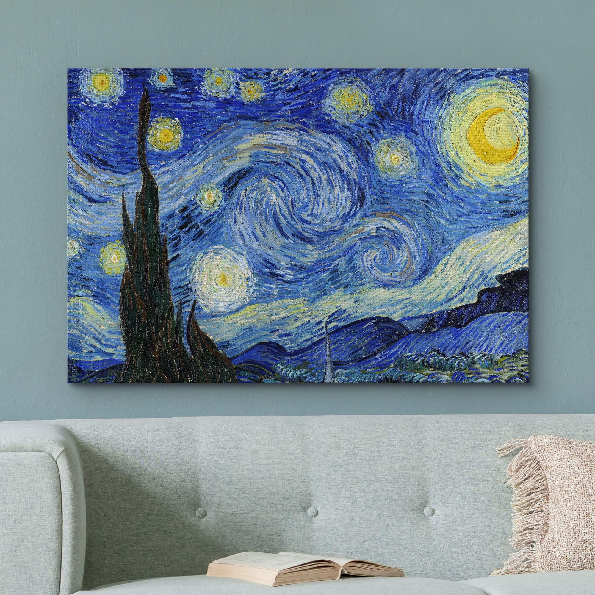 Wall26 - Starry Night By Vincent Van Gogh - Framed Canvas Art Wall Art - 16''X24'' Black