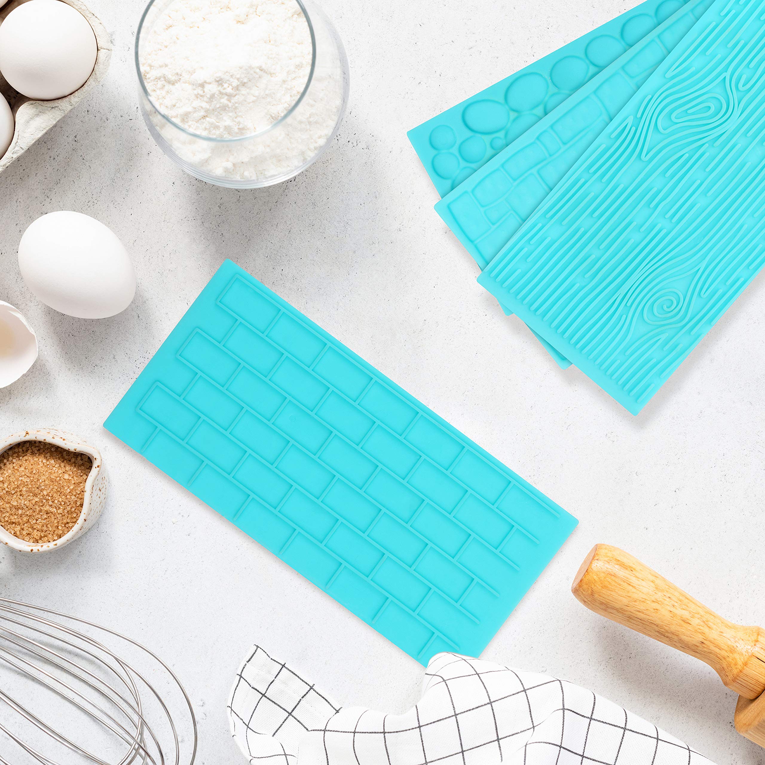 Kurtzy 4 Pack Plastic Embossing Fondant Icing Chocolate Cake Set - Brick, Wood, Cobble And Pebble Stone Designs - Blue 3D Decora