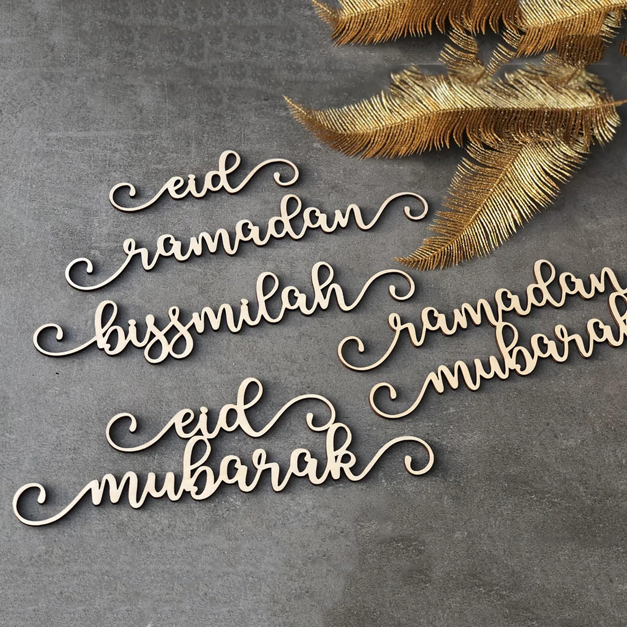Cliths Set of 5 Wooden Eid Decorations, Ramadan Place Cards, Eid Mubarak Decorations, Bismillah, Inshallah, Mubarak, Alhamdulill