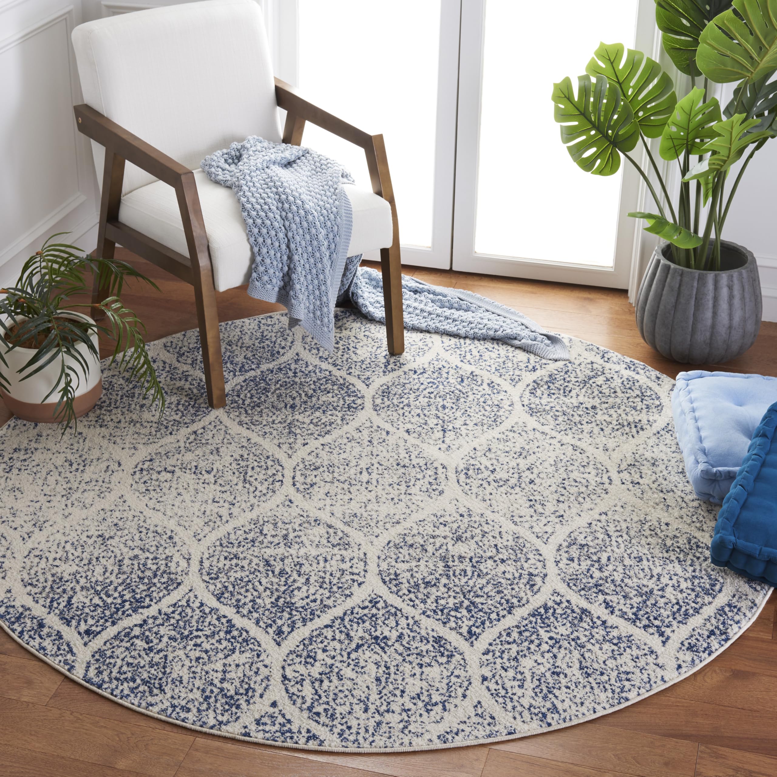 SAFAVIEH Madison Collection Area Rug - 67 Round, Cream & Royal Blue, Glam Ogee Trellis Distressed Design, Non-Shedding & Easy C