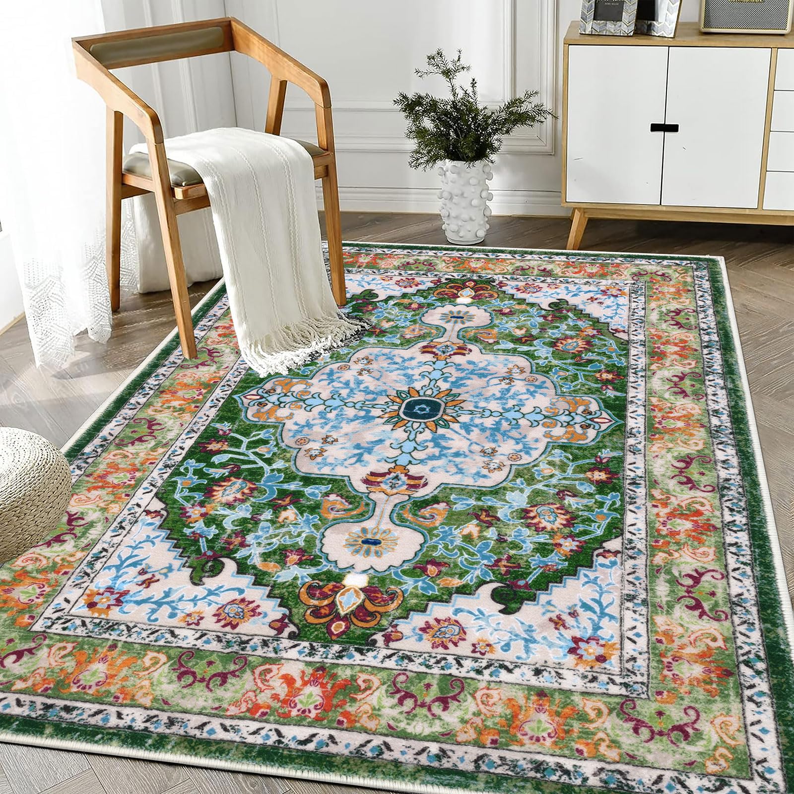 UArtlines Boho Vintage Area Rug 3x5 Machine Washable Low Pile Soft Floor Carpet Non Slip Non Shedding Accent Rug for Living Roo