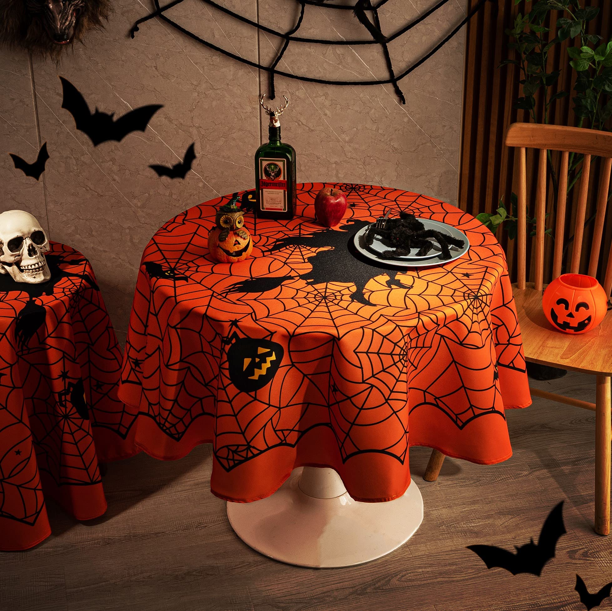 Mikiup Round Halloween Tablecloth - Spider Web Decorative Holiday Table Cloth, Waterproof And Washable Table Cover For Party Kit