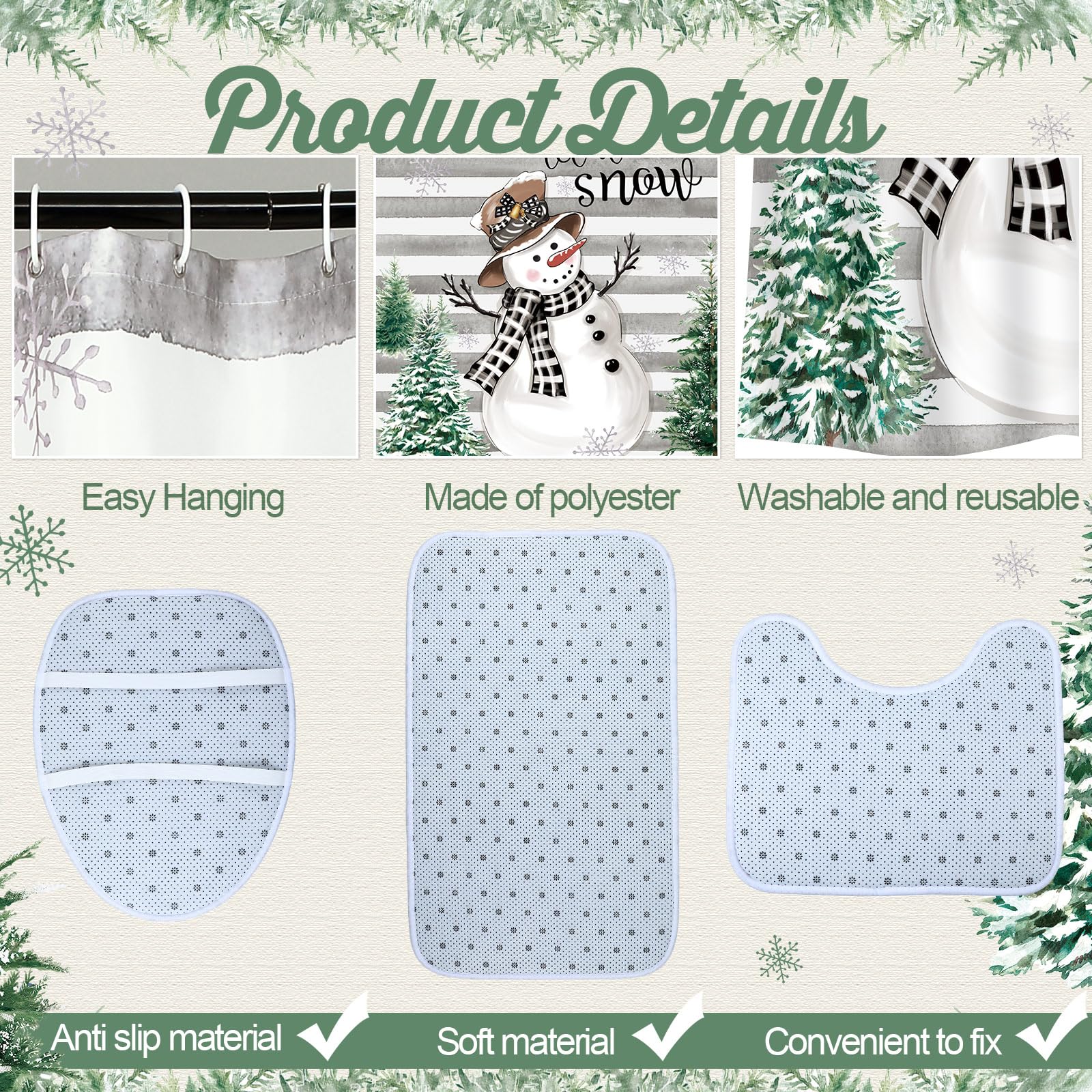 Teenyyou 4 Pcs Christmas Shower Curtains Set with Non Slip Rug Winter Christmas Bathroom Decor Toilet Lid Cover and Bath Mat Sno