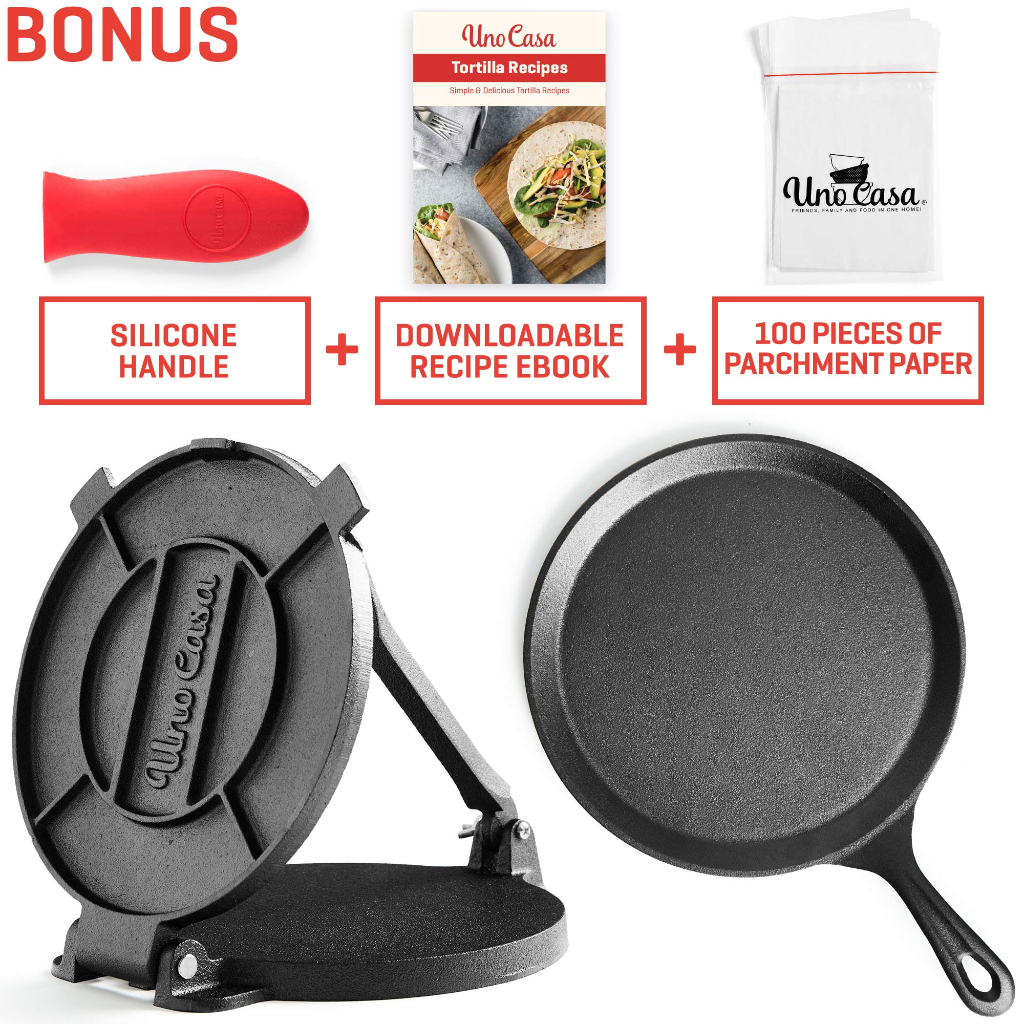 Uno Casa Cast Iron Tortilla Press 8 Inch with Comal Pan - Roti Skillet, Tawa Pan, Dosa Pan, Black Cast Iron Bundle