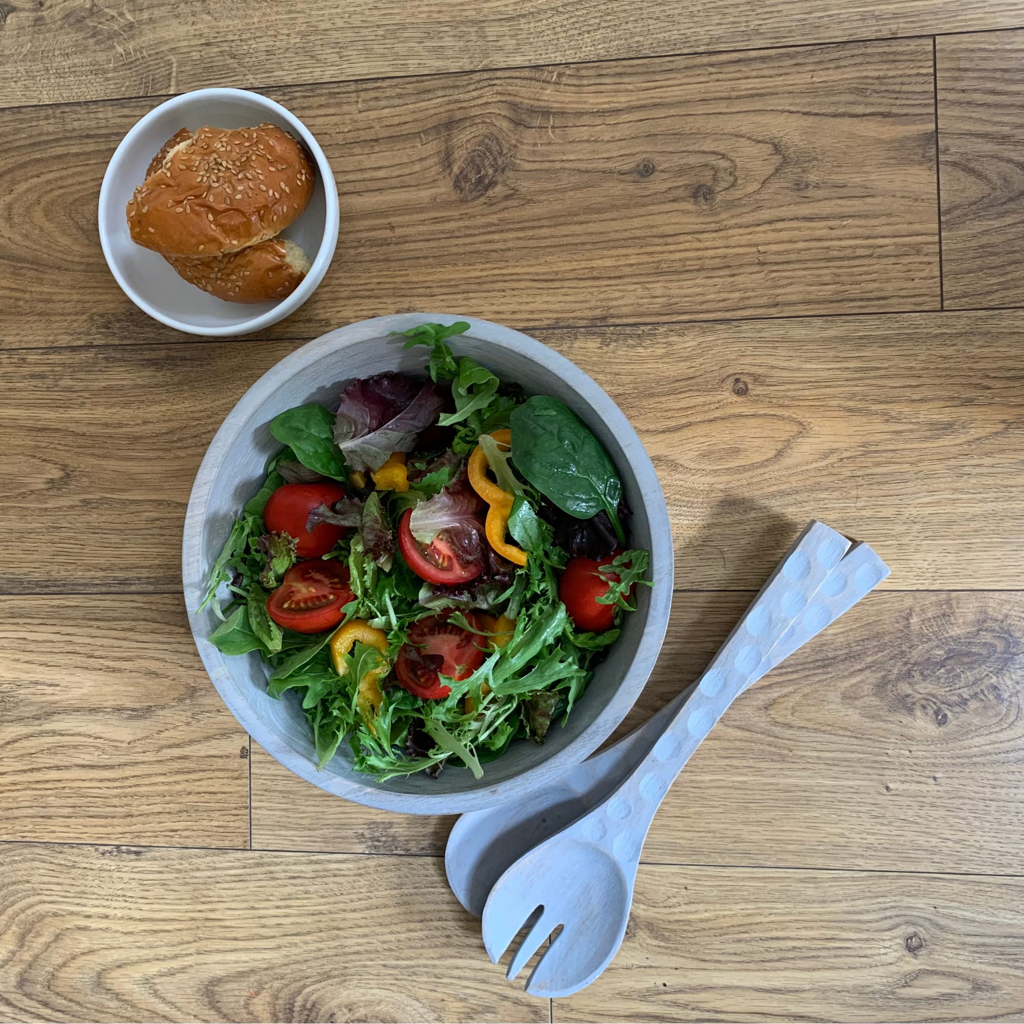 Mango Wooden Salad Bowl Set, Large Serving Bowl With Set Of Two Mango Wood Utensils For House Warming, Anniversaries And Birthda