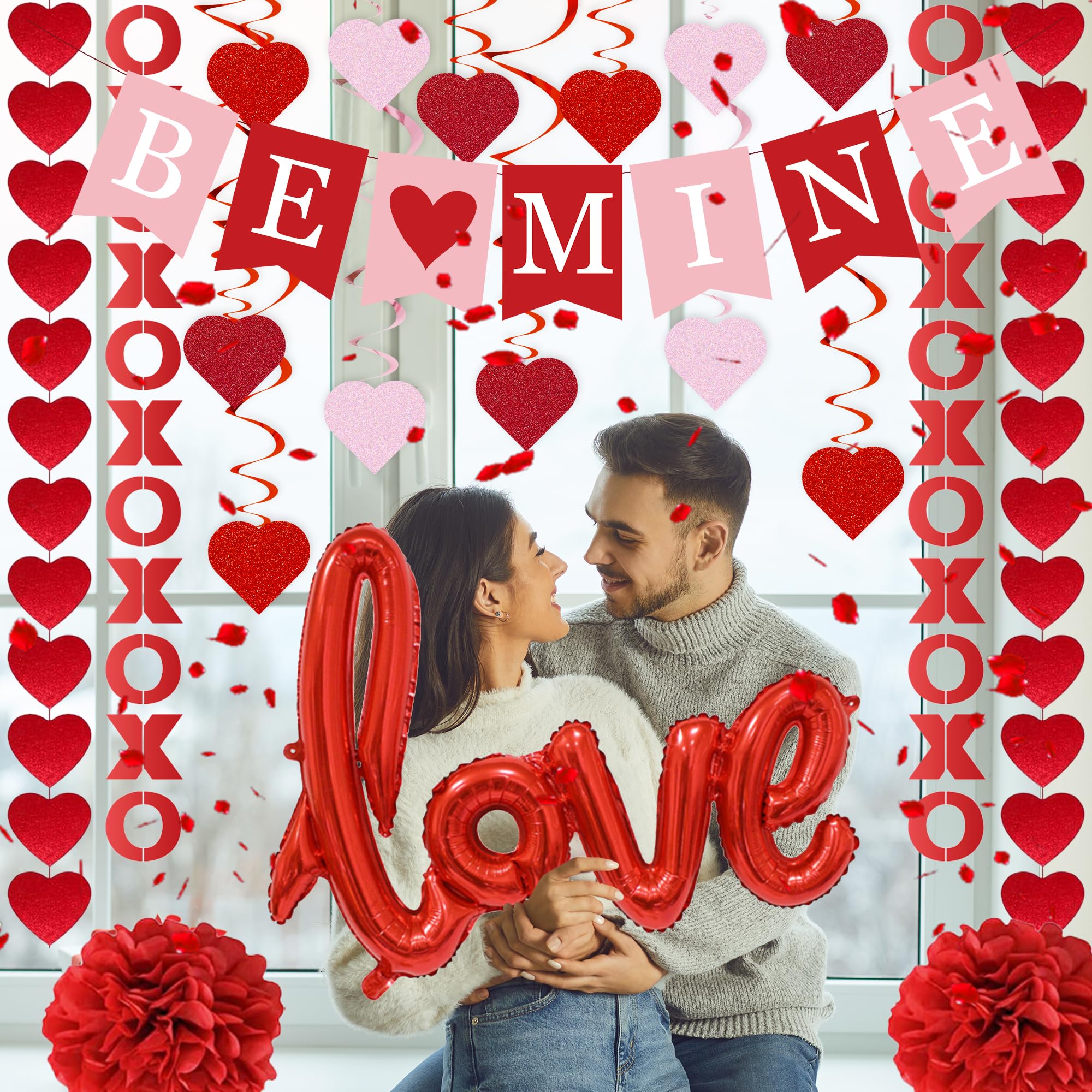 Dmight Red Valentine'S Day Decoration Set, Be Mine Banner, Love Heart Xo Garlands, Rose Petals, Hanging Swirls, Foil Love Balloo