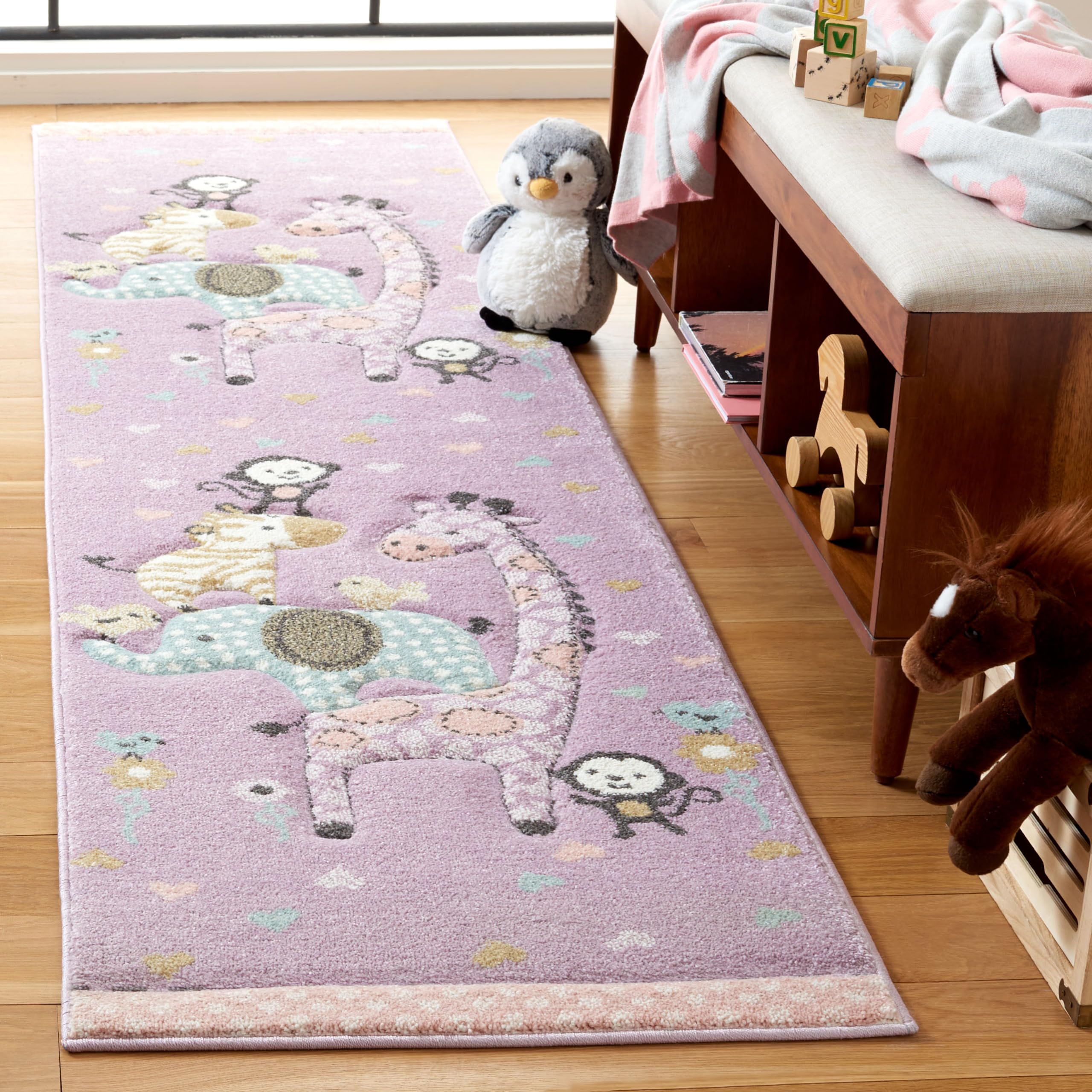 SAFAVIEH Carousel Kids Collection Runner Rug - 2 x 8, Purple, Animal Design, Easy Care & Non-Shedding, Ideal for High Traffic 