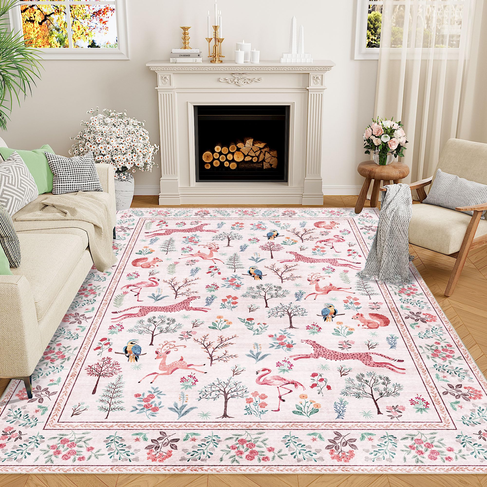 DUKINO 6x9 Rug, Washable Animal Living Room Rug with Non Slip Vintage Design, Soft Low Pile Large Carpet for Bedroom, Nursery, D