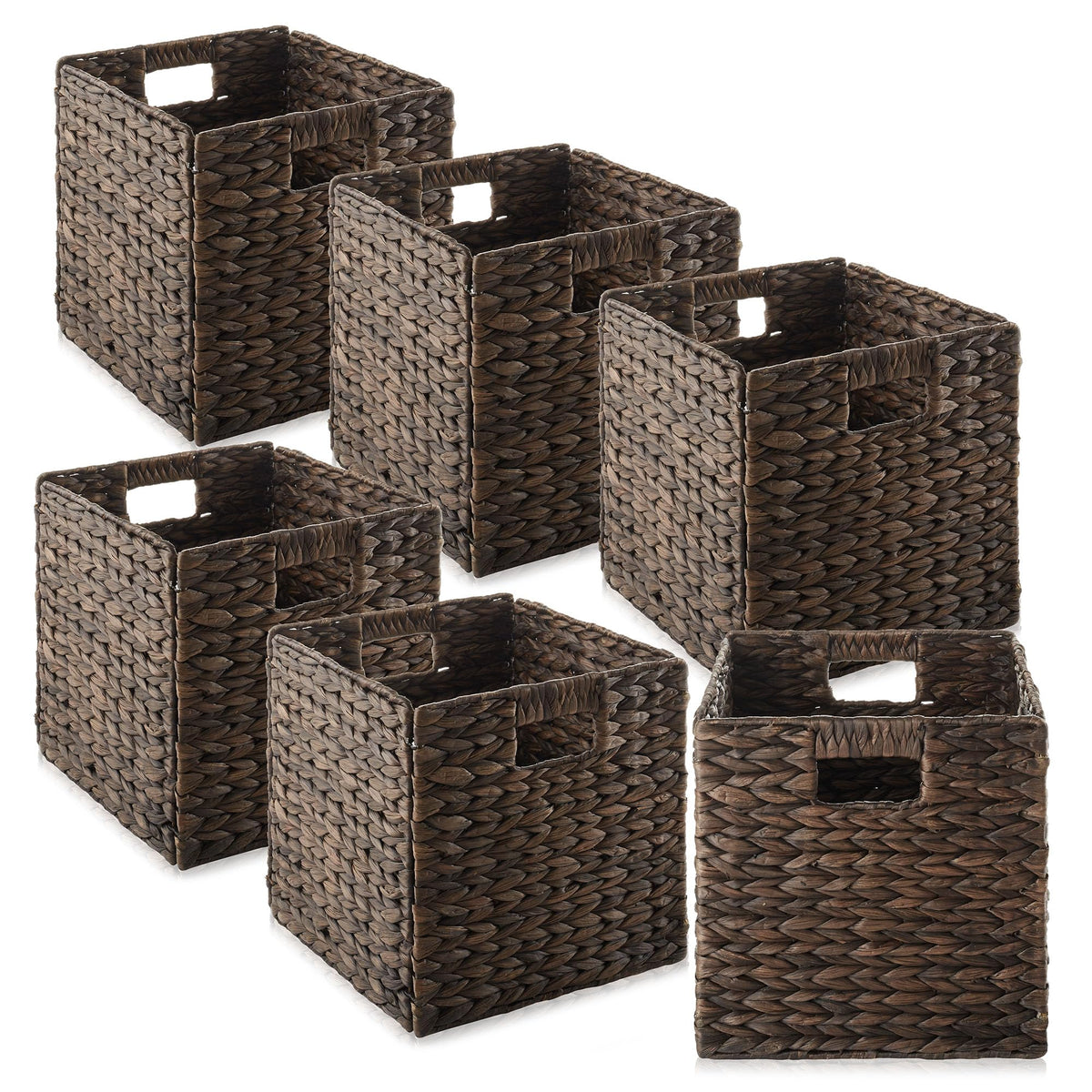 Casafield 10.5'' X 10.5'' Water Hyacinth Storage Baskets, Espresso - Set Of 6 Collapsible Cube Organizers, Woven Bins For Bathro