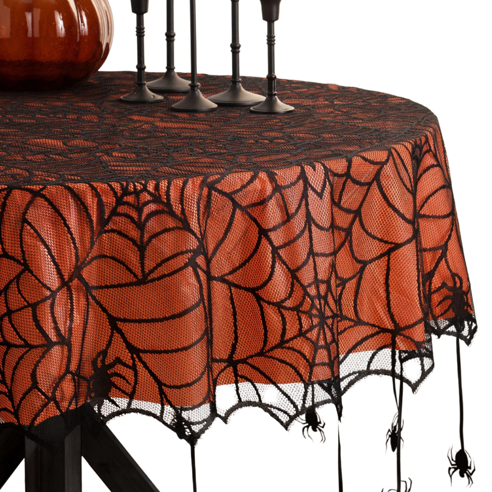 Elrene Home Fashions Crawling Spider Halloween Tablecloth Lace Lined With Removable Orange Plastic Liner, 70'' Round, Orange & B