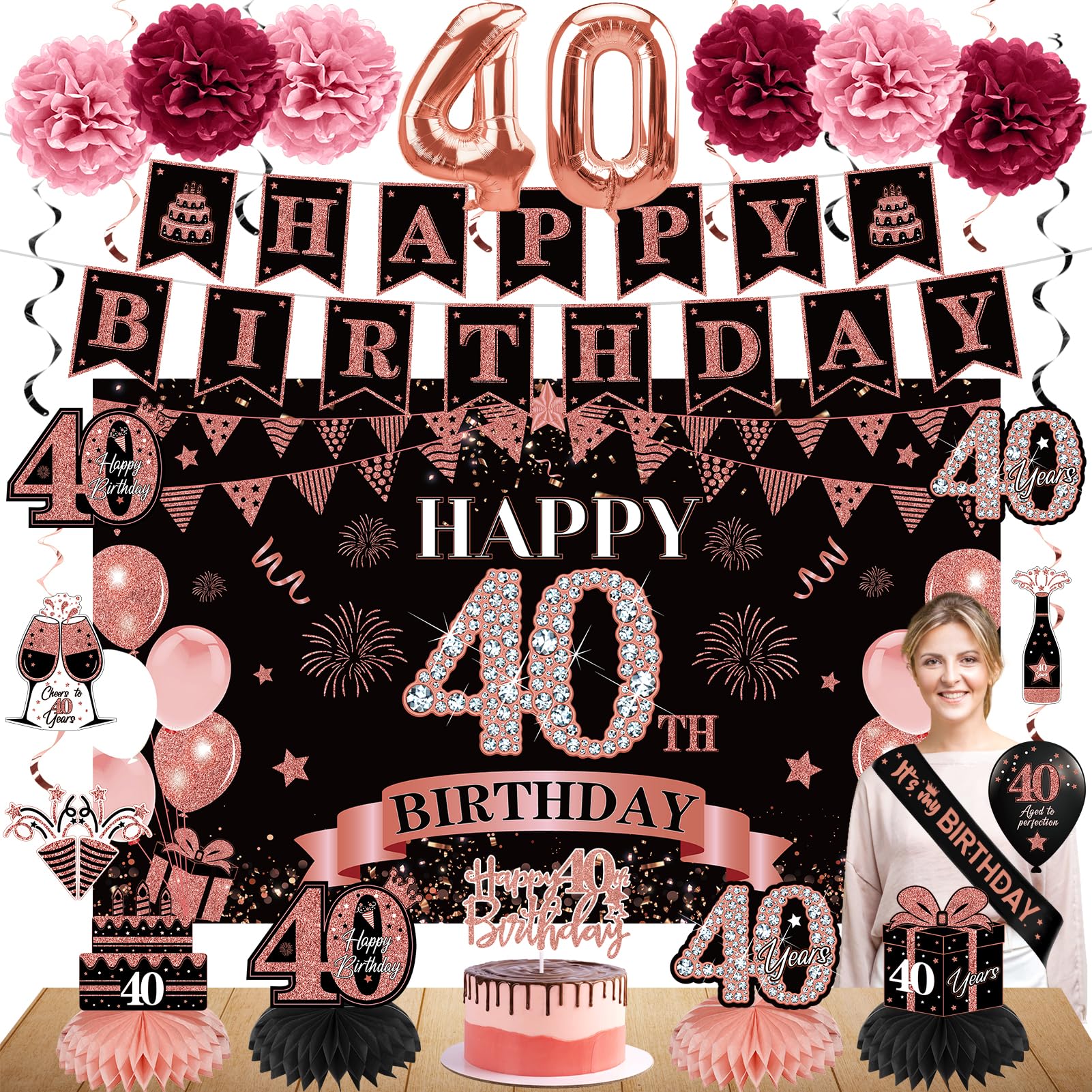 Eucutur 42Pcs 40Th Birthday Decoration Kit For Women, Rose Gold Happy 40Th Bday Banner Balloons Honeycomb Centerpiece Swirl Pape