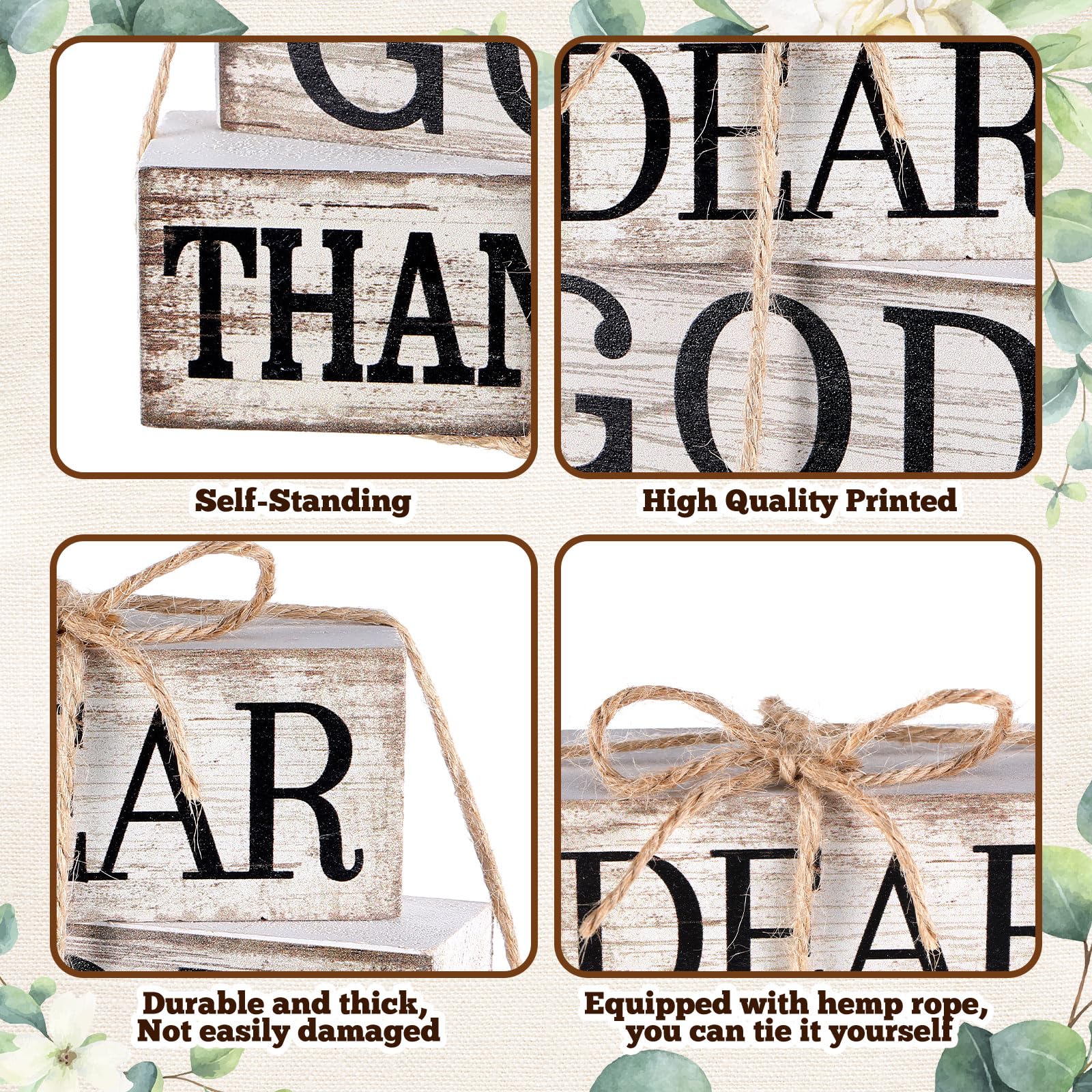 CroBlissful 4 Pcs Farmhouse Wooden Tabletop Decor Inspirational Christian Table Sign Bible Verse Wooden Decor Dear God Thank You