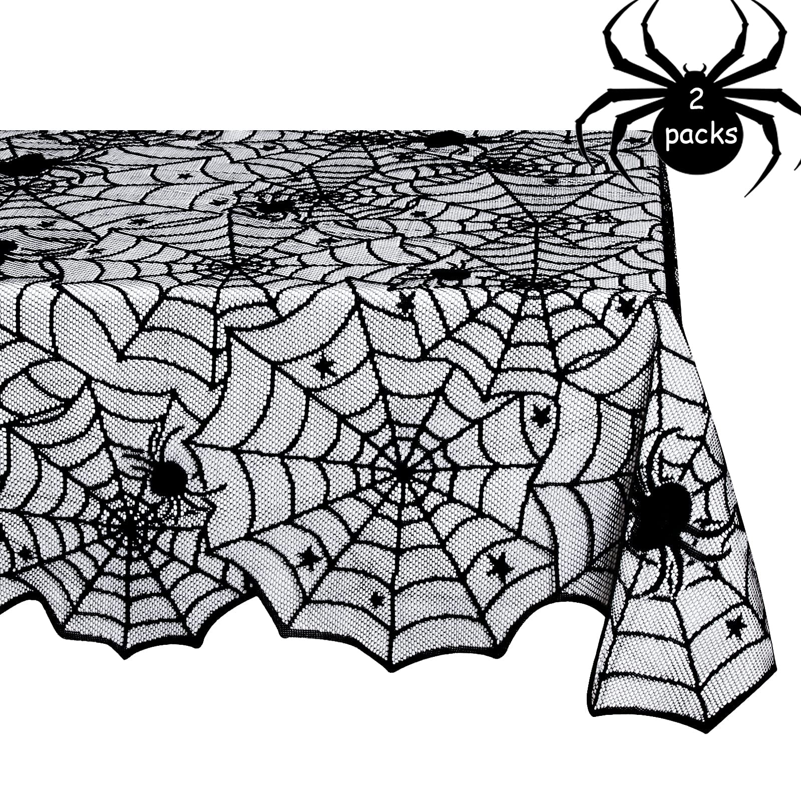 Luoluohouse Halloween Tablecloths Black Lace Tablecloth 2 Pack 54X72 Inch Spider Cobweb Table Cover For Halloween Masquerade Din