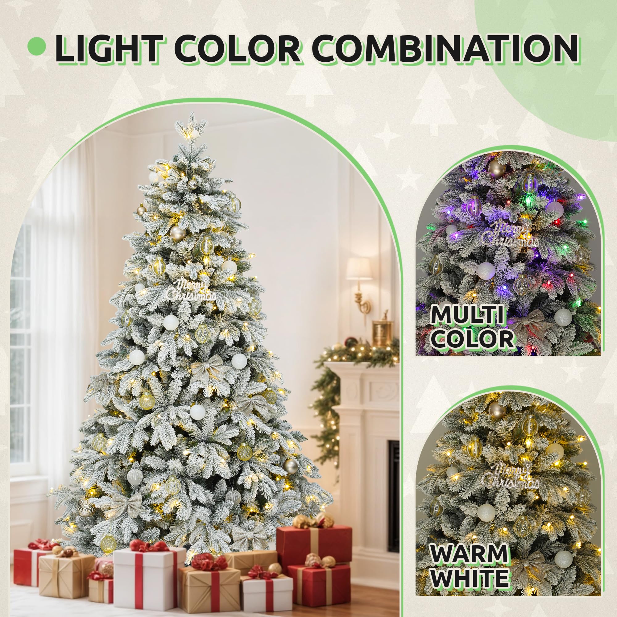GOOBED 6 FT Pre-Lit Snow Flocked Christmas Tree with Remote, Artificial Hinged Canaan Fir Christmas Tree with 1225 Branch Tips,