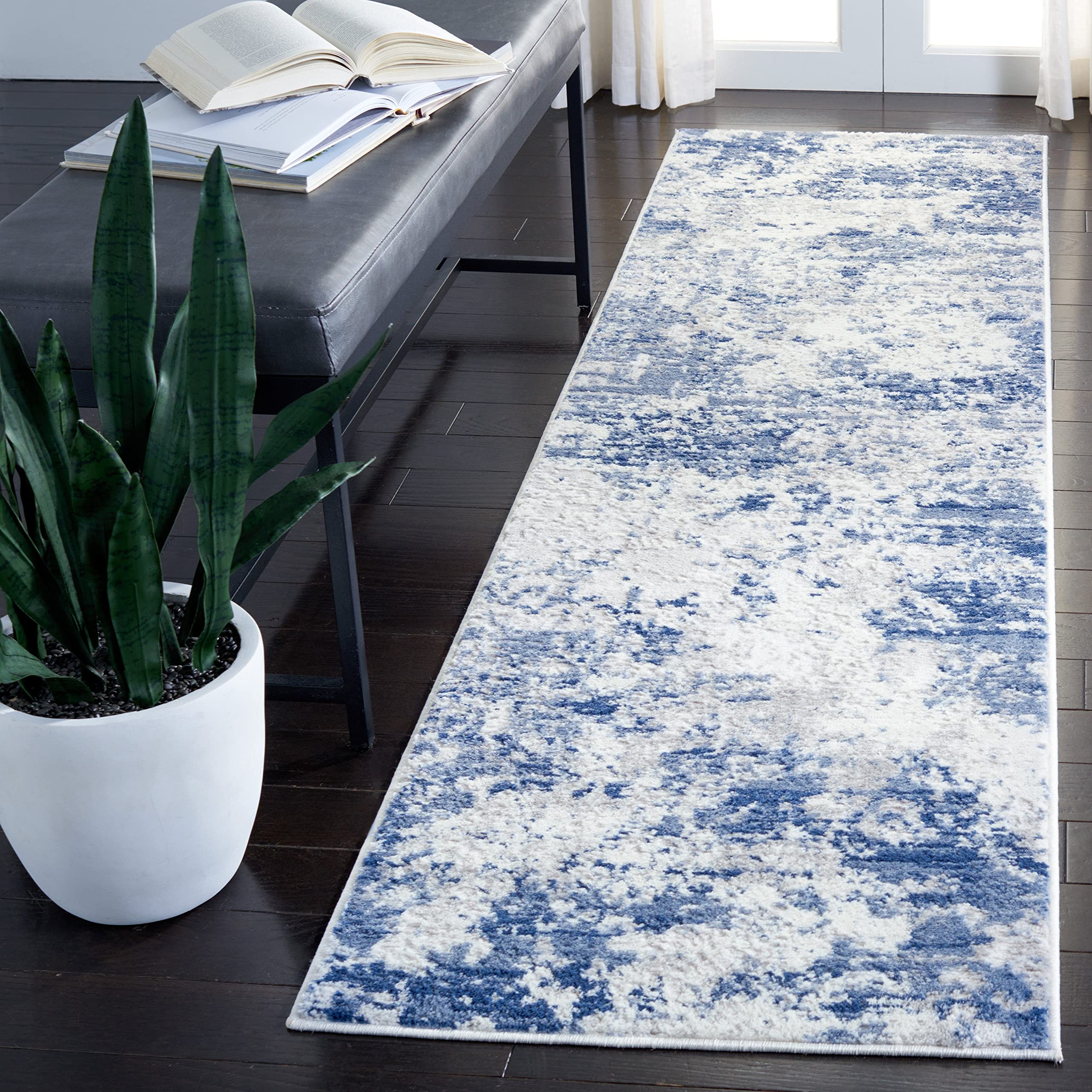 SAFAVIEH Amelia Collection Runner Rug - 22 x 12, Navy & Grey, Modern Abstract Design, Non-Shedding & Easy Care, Ideal for High
