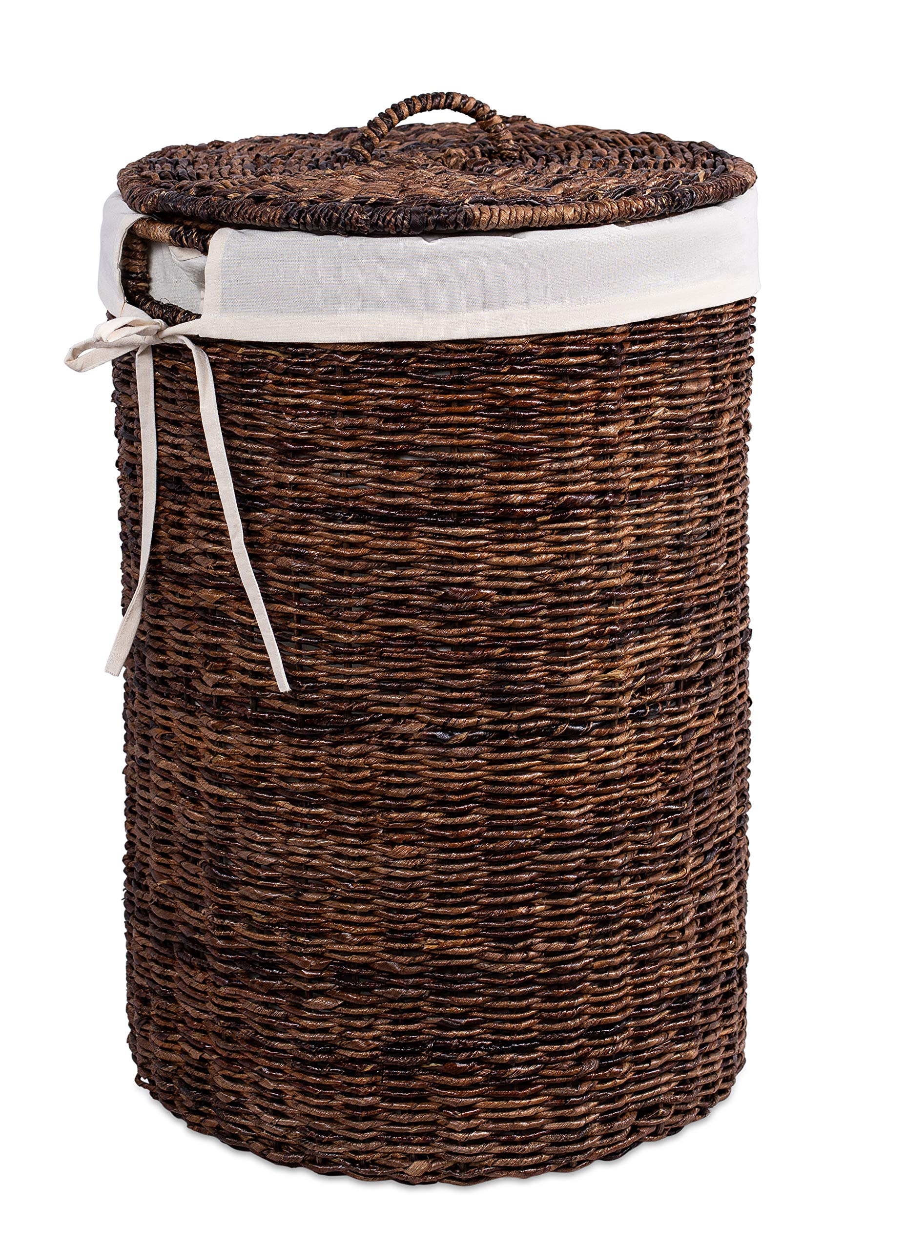 Seagrass Laundry Hamper With Liner | Round Clothes Bin With Lid | Cut-Out Handles For Easy Transport | Includes Machine Washable