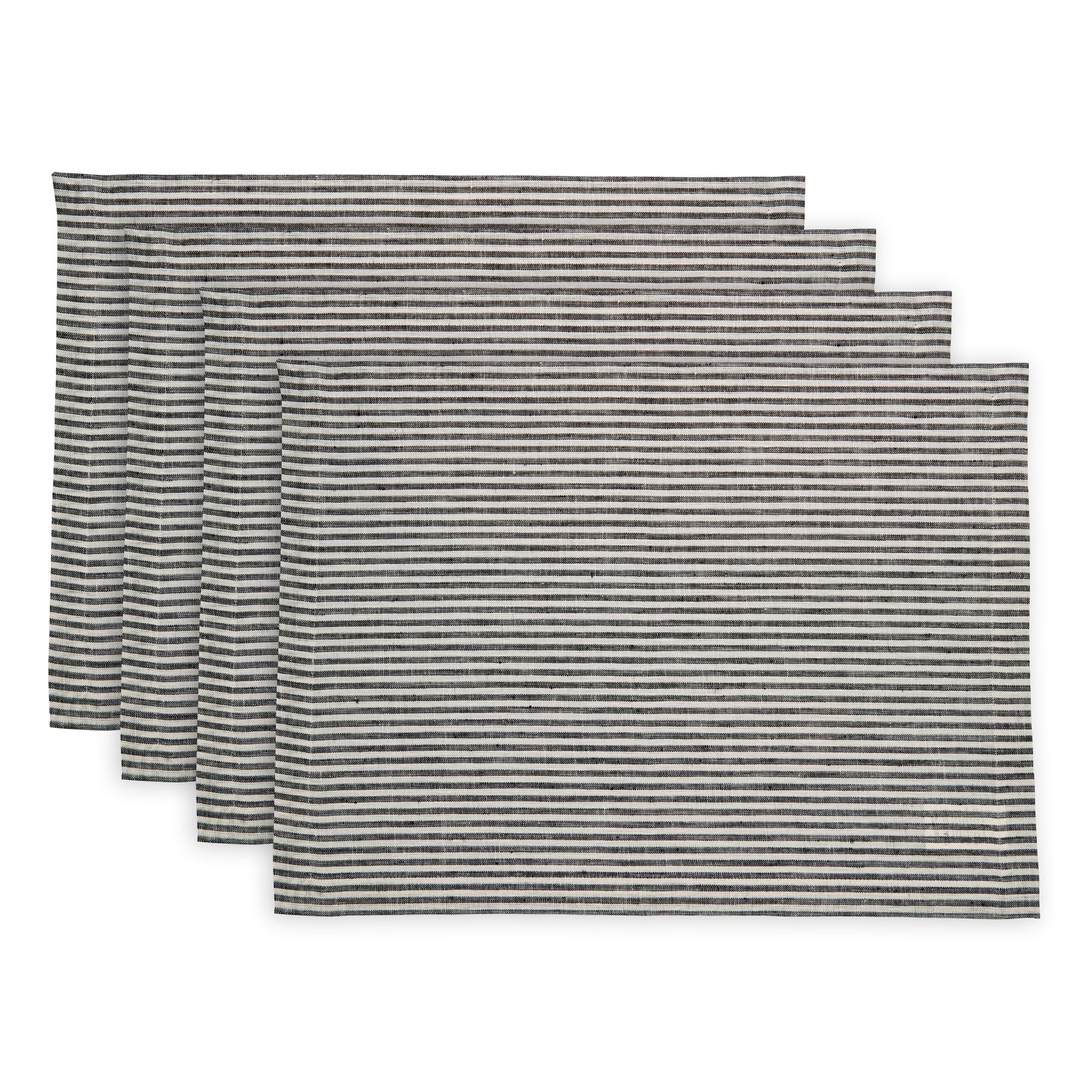 Solino Home Stripe Linen Placemats 19'' L X 14'' W Inch - 100% Pure Linen Black And White Cloth Placemats Set Of 4 - Narrow Stri