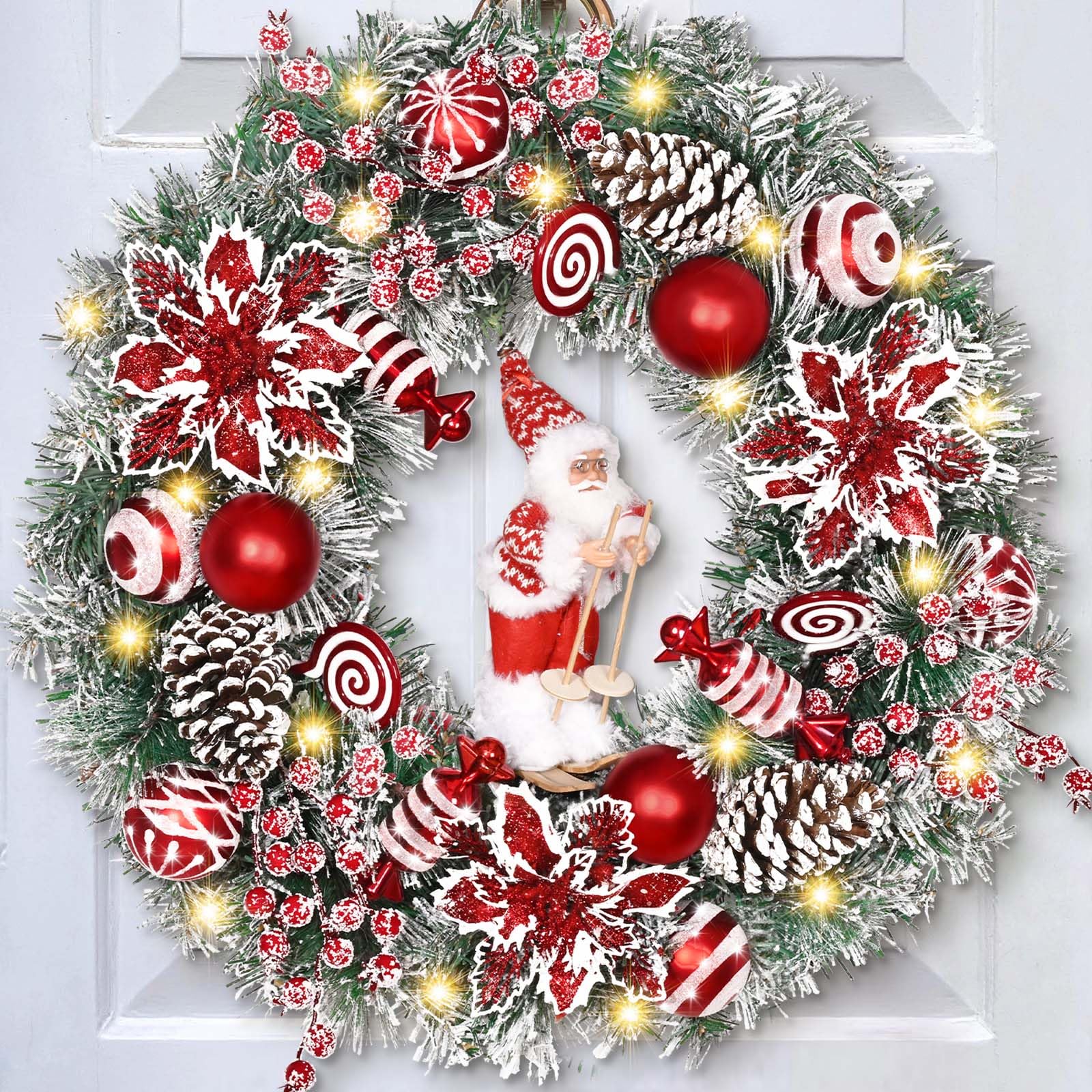 Christmas Wreaths for Front Door, 18 Christmas Wreath with Skiing Santa Claus, Red Poinsettias Christmas Wreath, Christmas Door 