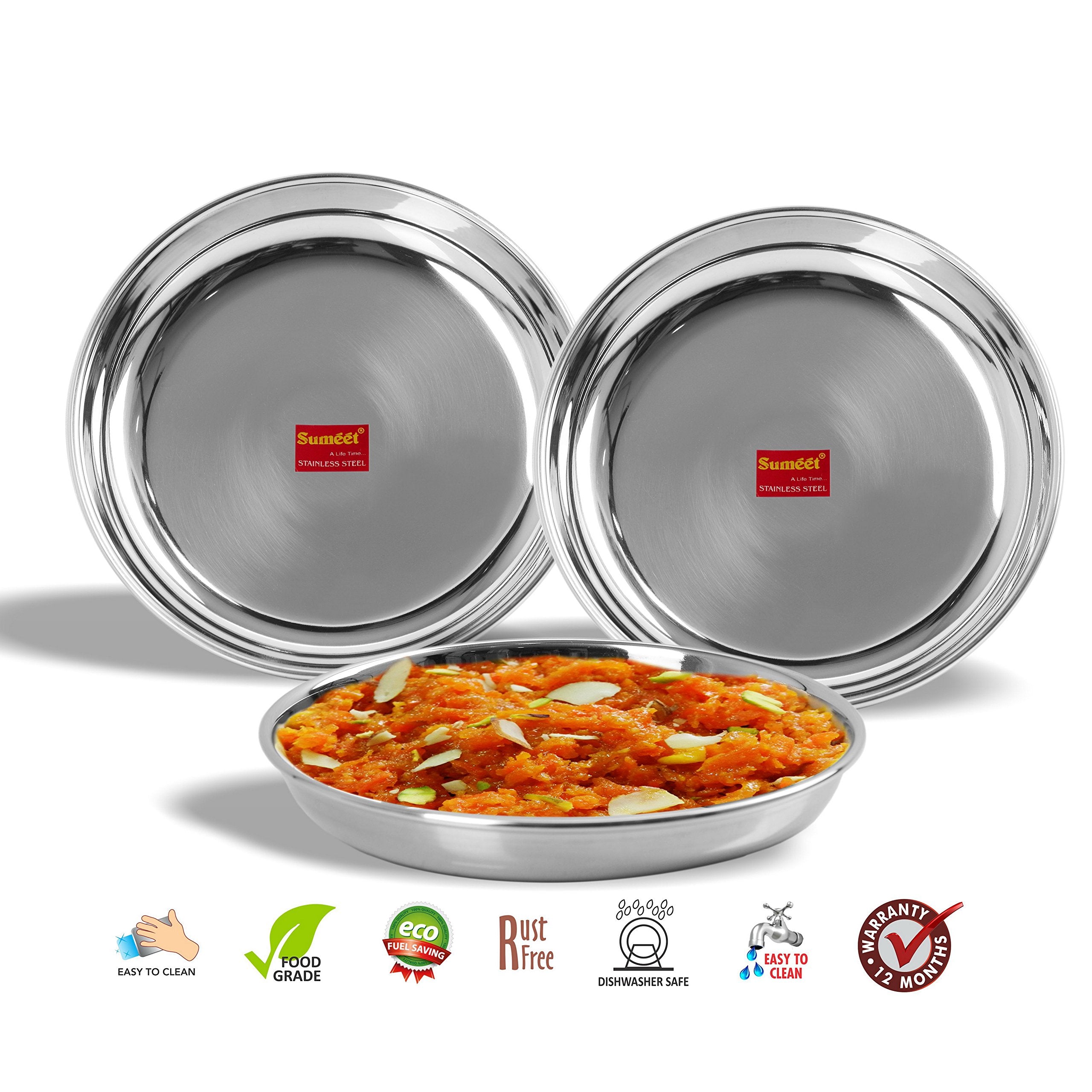 Sumeet Stainless Steel Heavy Gauge Medium Halwa Plates With Mirror Finish 17Cm Dia - Set Of 3Pc
