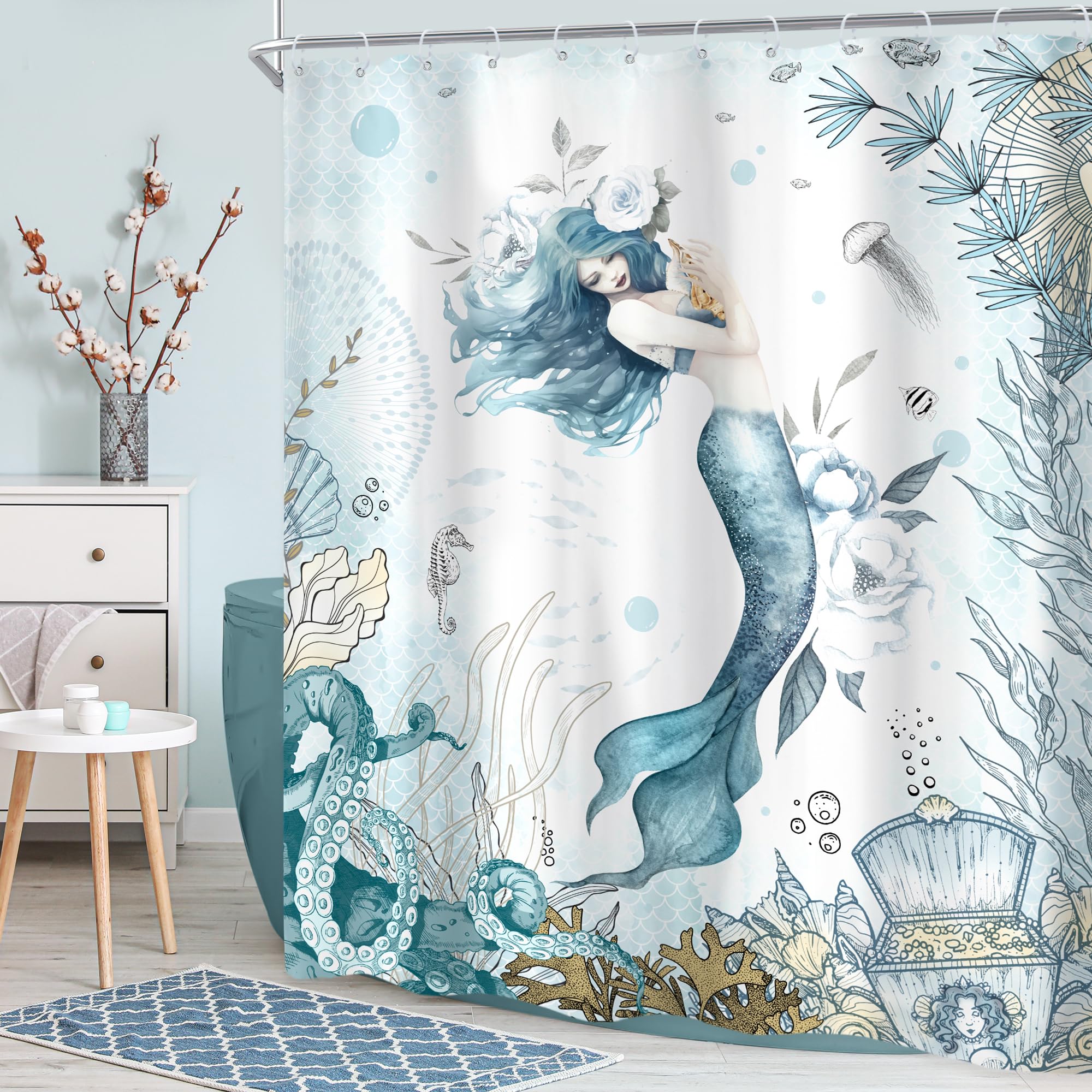 Newsely Mermaid Shower Curtain 60Wx72H Inch Nautical Blue Sea Ocean Octopus Coastal Coral Underwater Fish Seashell Jellyfish Tea