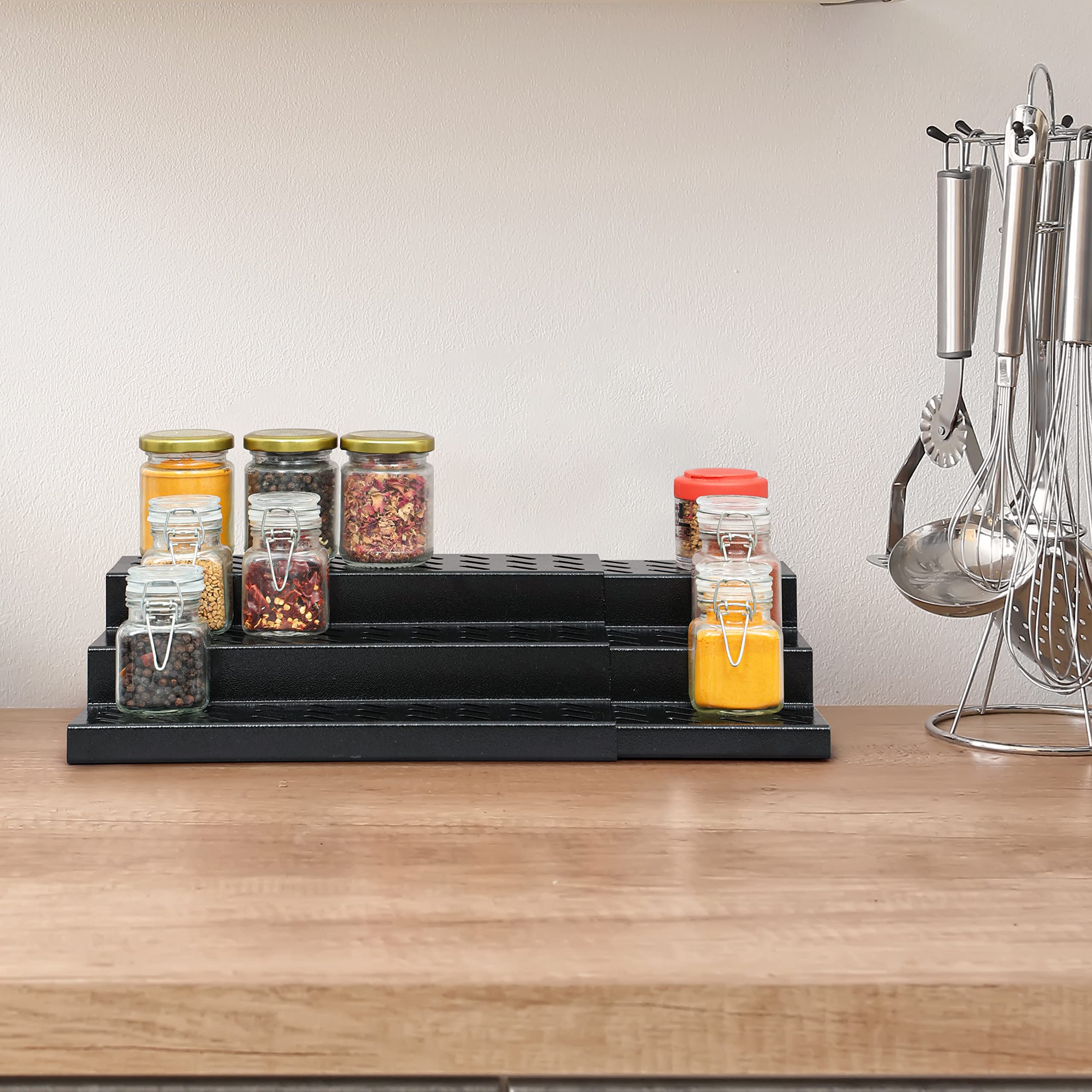 Livzing 3 Tier Expandable Spice Rack  Metal Countertop Display Shelf  Kitchen Cabinet Organizer Stand  3 Steps Stand For Kitc