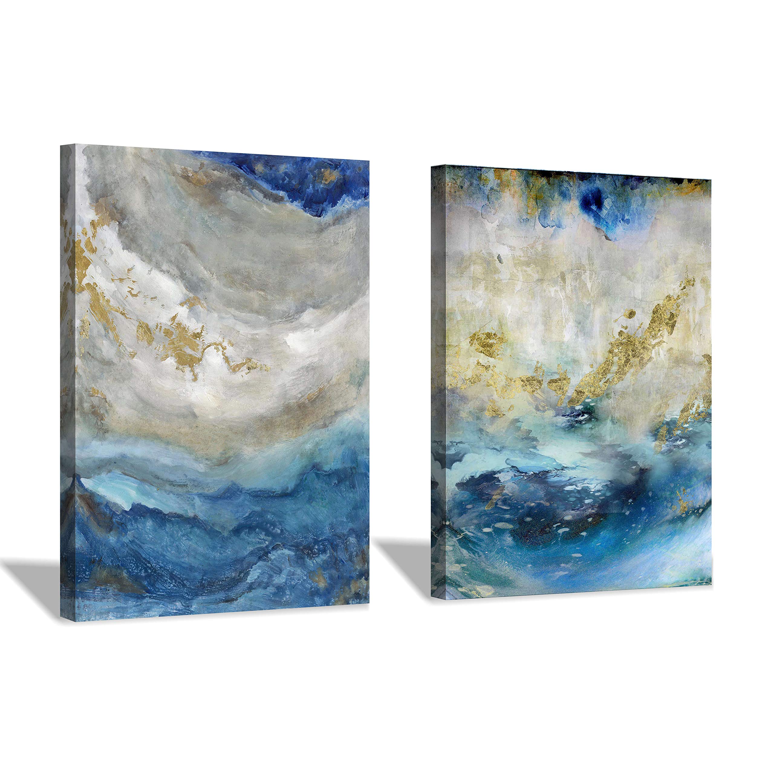 Blue Abstract Canvas Wall Art: Beige Print Picture Artwork For Bathroom Without Hand Painted Gold Foils For Small Size(16'' X 12