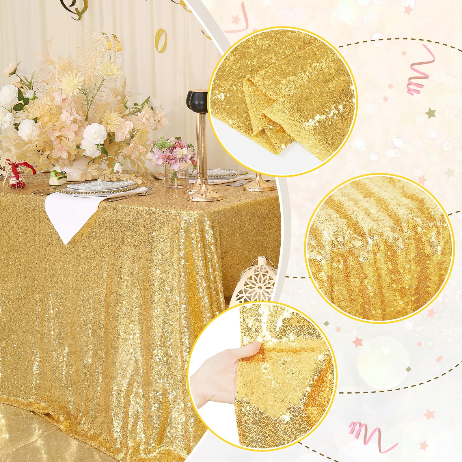 Partydelight 60''X102'' Rectangle Sparkly Gold Sequin Tablecloth For Wedding, Party, Christmas Decorations