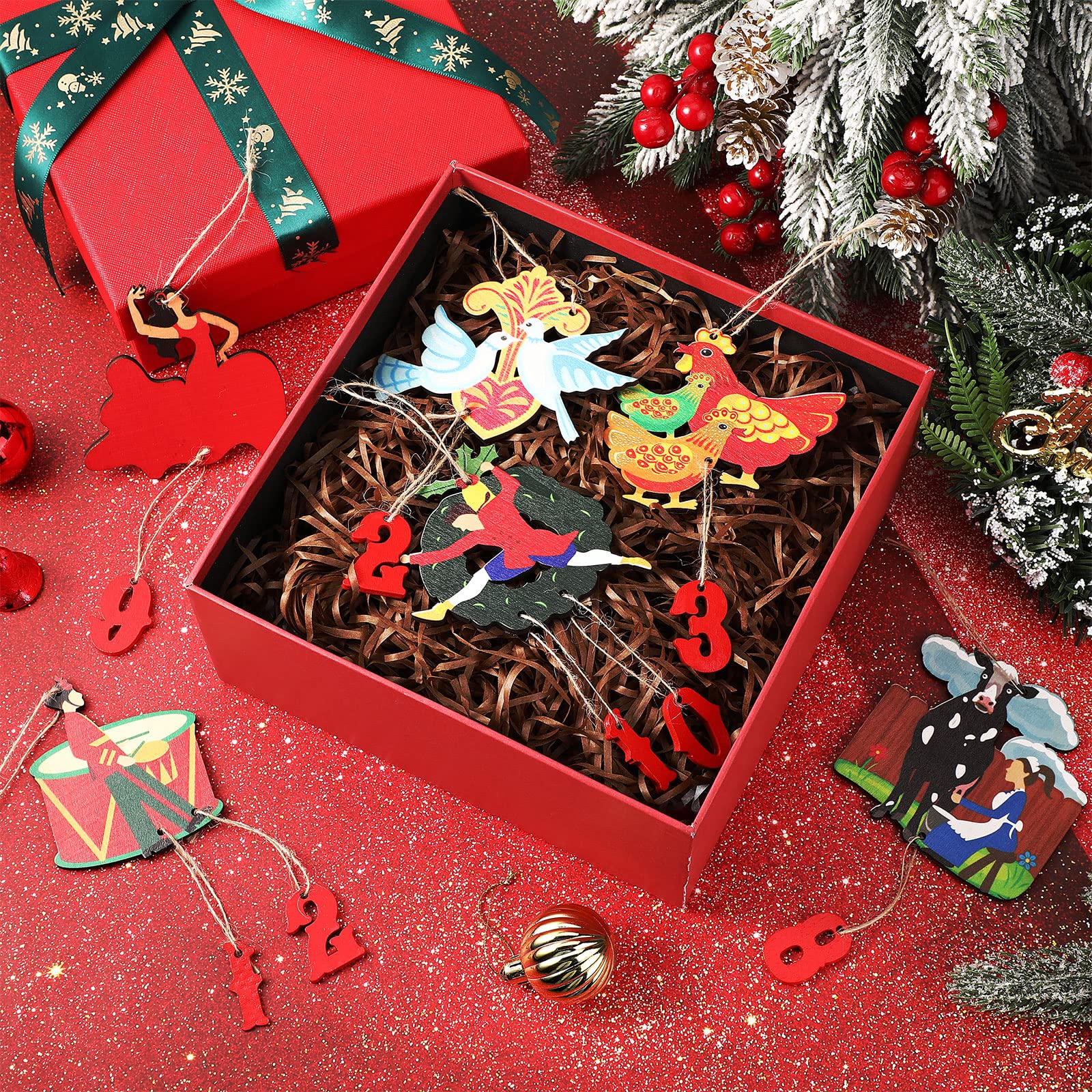 Yalikop 12 Days of Christmas Ornaments Set - 12 Colorful Wooden Hanging Decorations, 3.15 Inch, Irregular Style for Xmas Tree