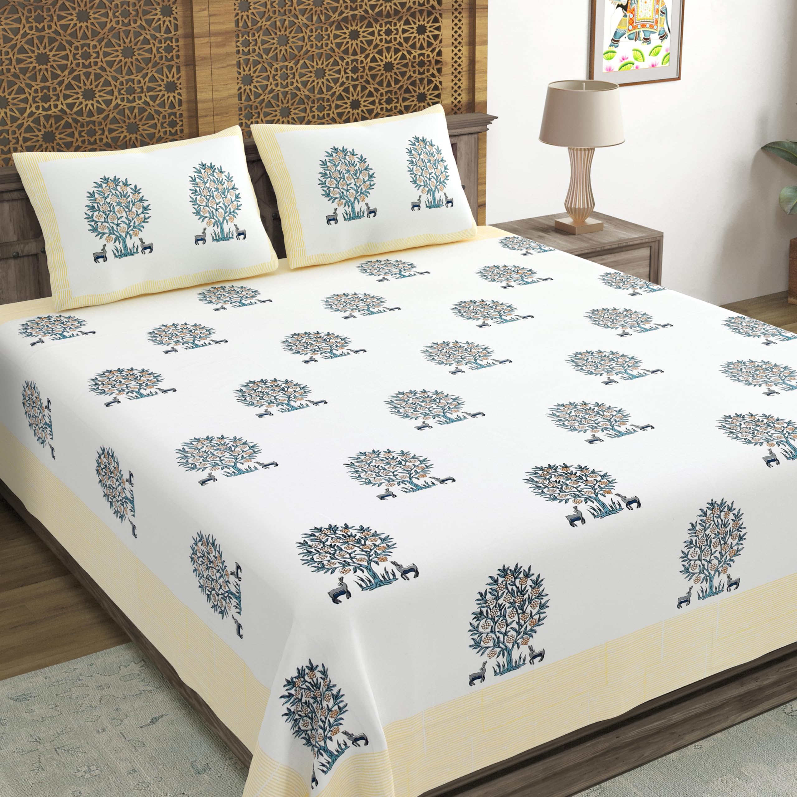 Blocks Of India Hand Block Printed 300 Tc Cotton Super King Size Bedsheet(106 X 106) (Life Yellow)