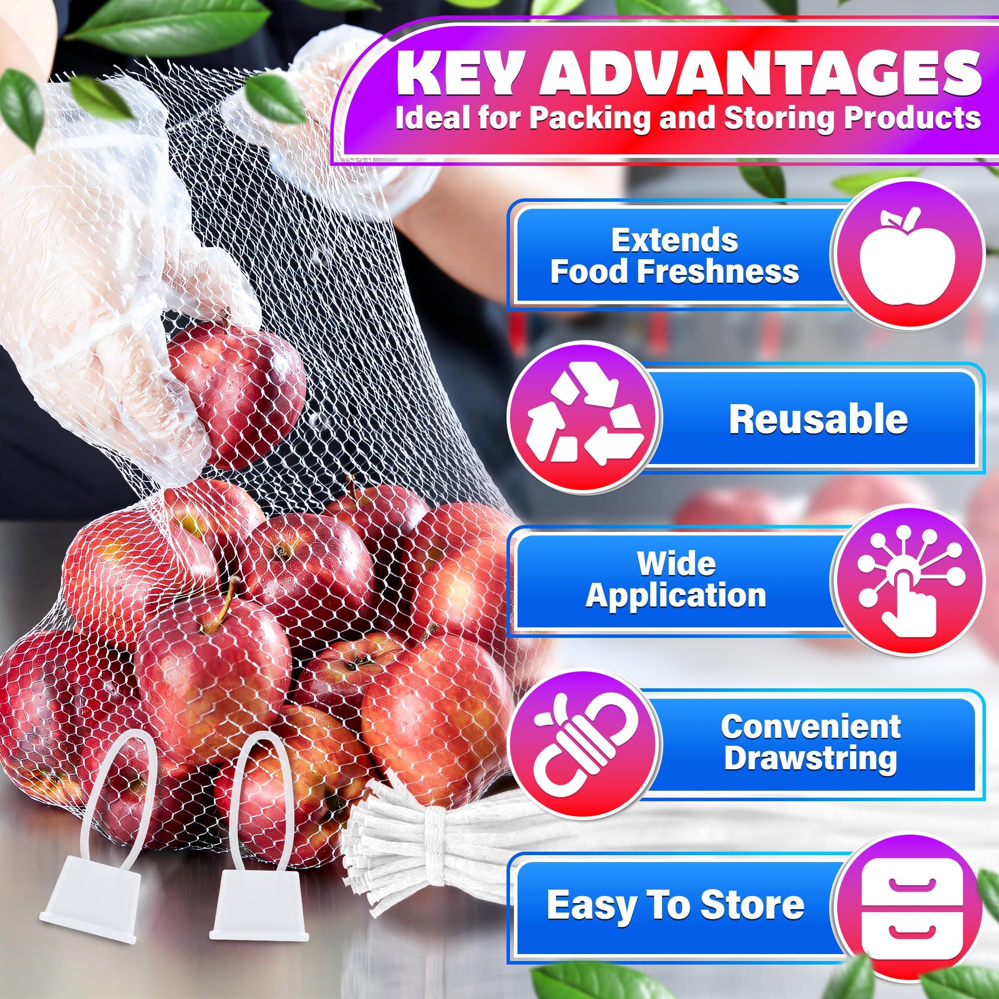 100Pcs Plastic Mesh Bags Drawstring Storage Bag - 24'' Fruit and Vegetable Storage Reusable Mesh Produce Bags Onion Net Bags Drawstring - Vegetable Bags Grocery Reusable Produce Bags Mesh Storage Bags