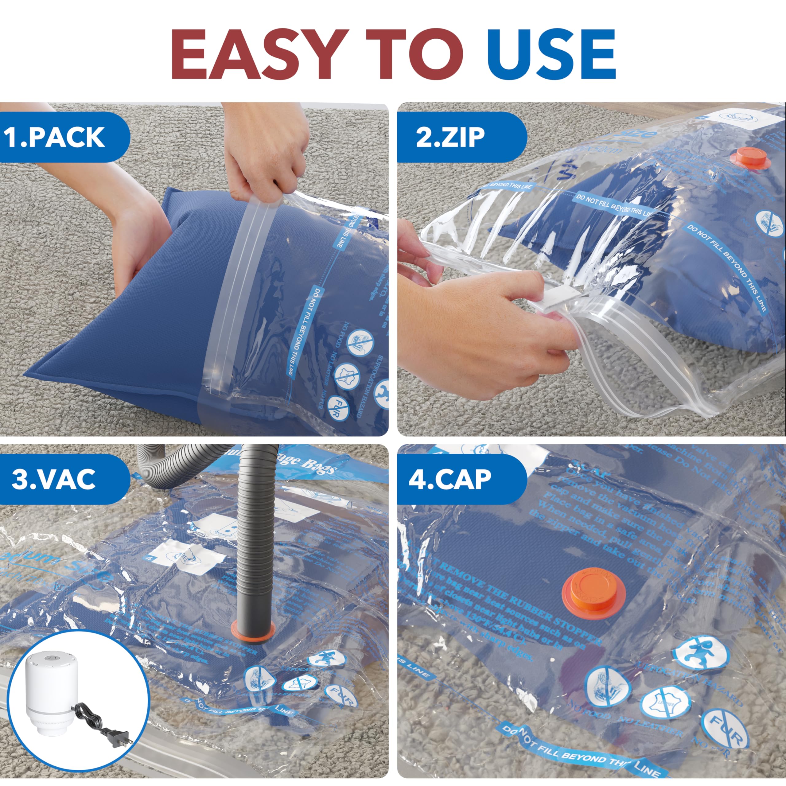 24 Pack Vacuum Storage Bags with Electric Air Pump 5 jumbo  5 large  5 midium  5 small and 4 roll bags