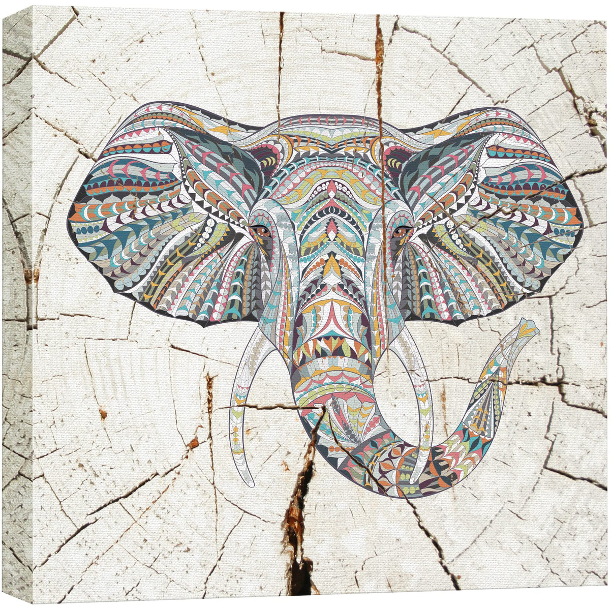 Wall26 Canvas Print Wall Art Wood Ring Effect Tribal Pattern Elephant Animals Wildlife Wood Panels Modern Art Farmhouse/Country