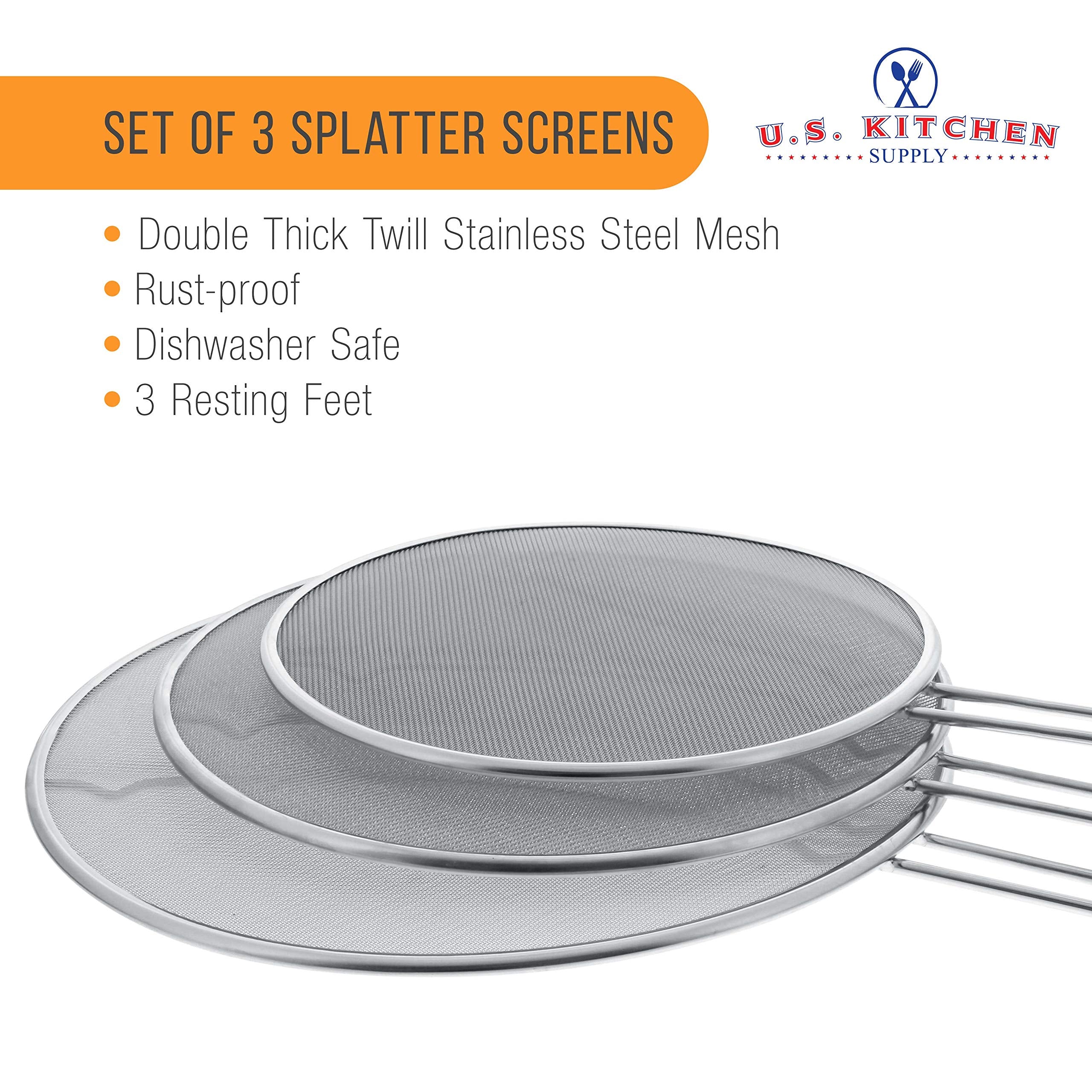 U.S. Kitchen Supply 13'', 11.5'', 9.5'' Stainless Steel Fine Mesh Splatter Screen With Resting Feet Set - Use On Boiling Pots, F